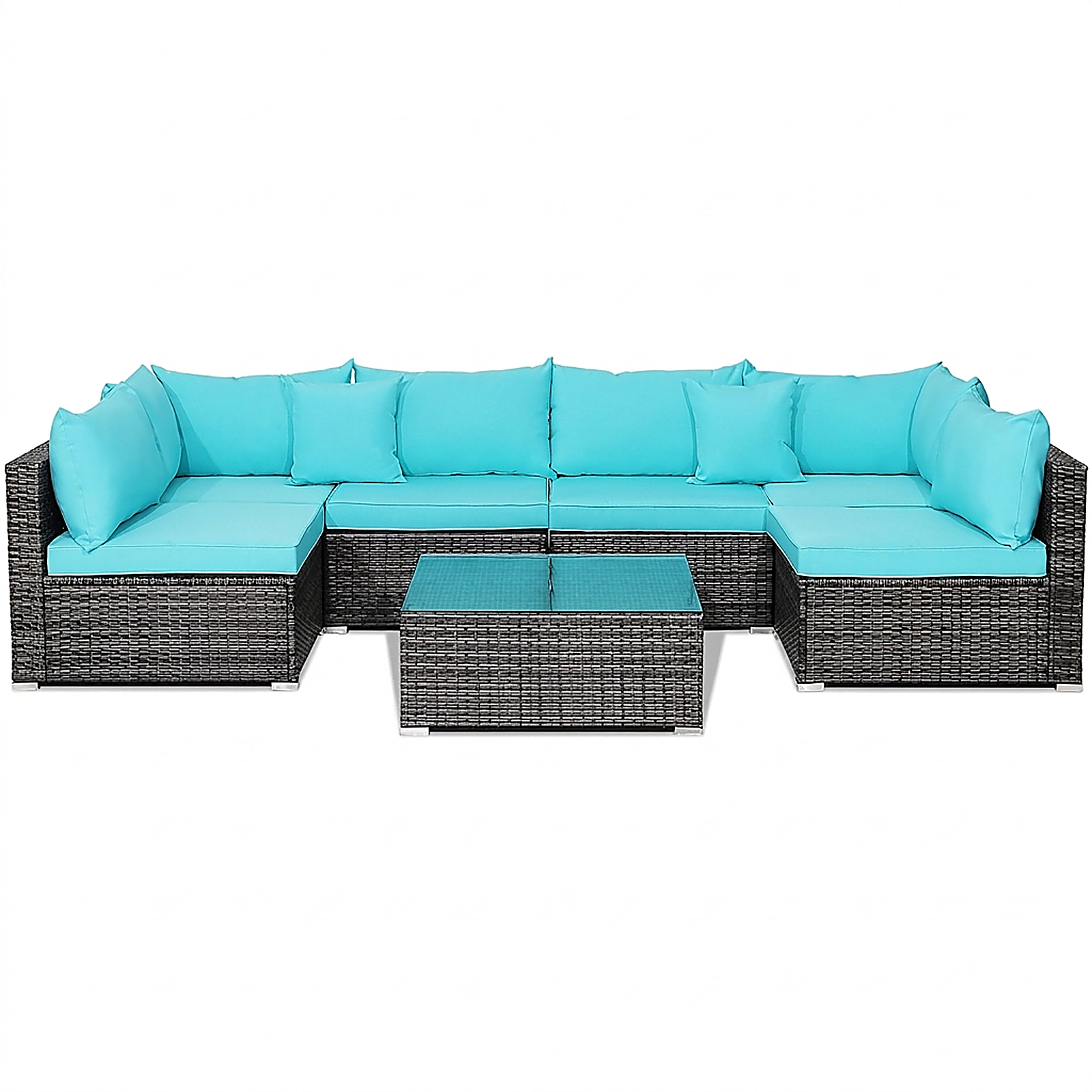 SUGIFT 7-Piece Turquoise Wicker Patio Sectional Set, 4 Armless Sofas, 2 Corner Sofas, Cushions