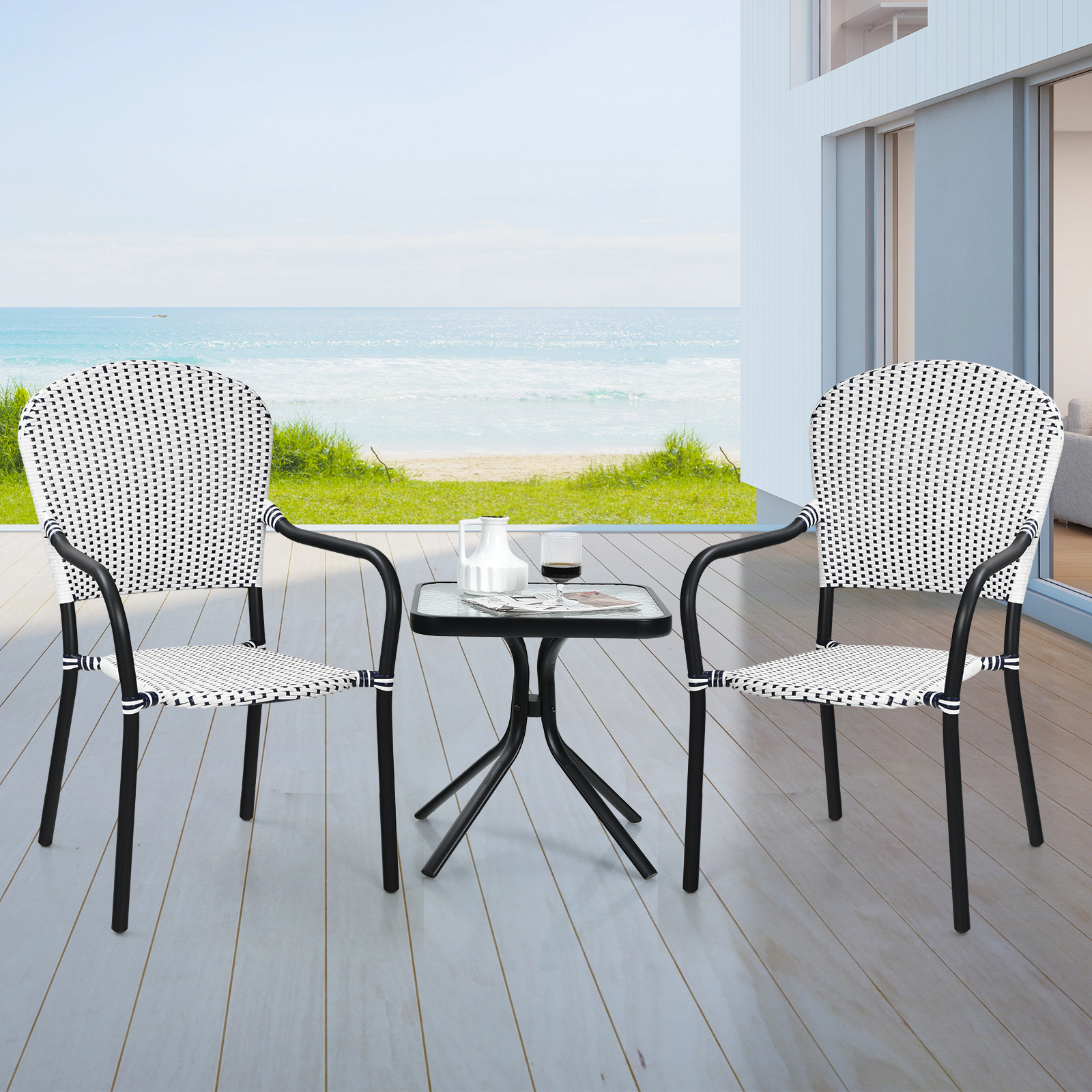 LJG Set of 4 Patio Rattan Stackable Dining Chair with