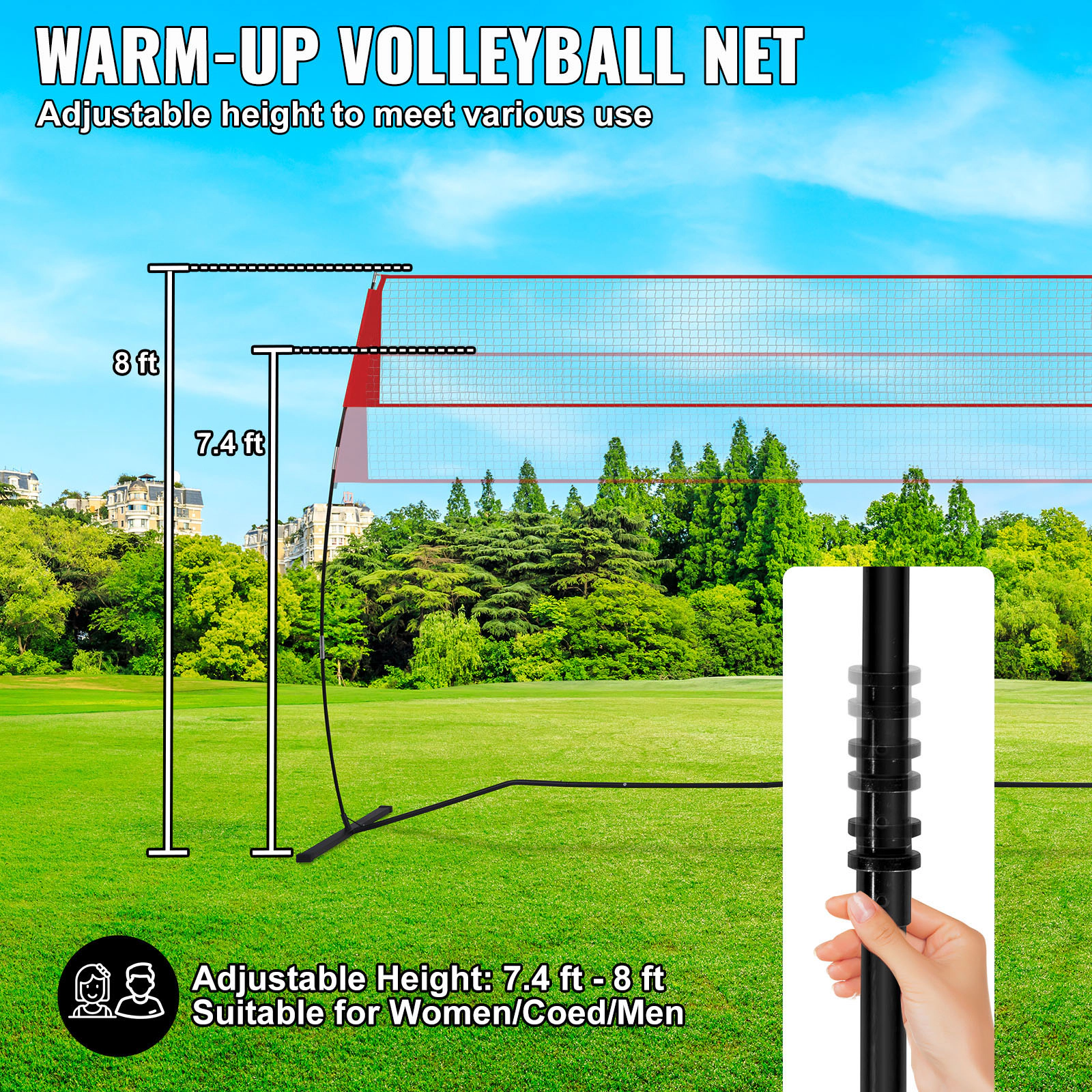 HONGGE Freestanding Volleyball Training Net, 14 Ft Wide, Height Adjustable 7.4 to 8 Ft, No-Tool Pop-Up Setup