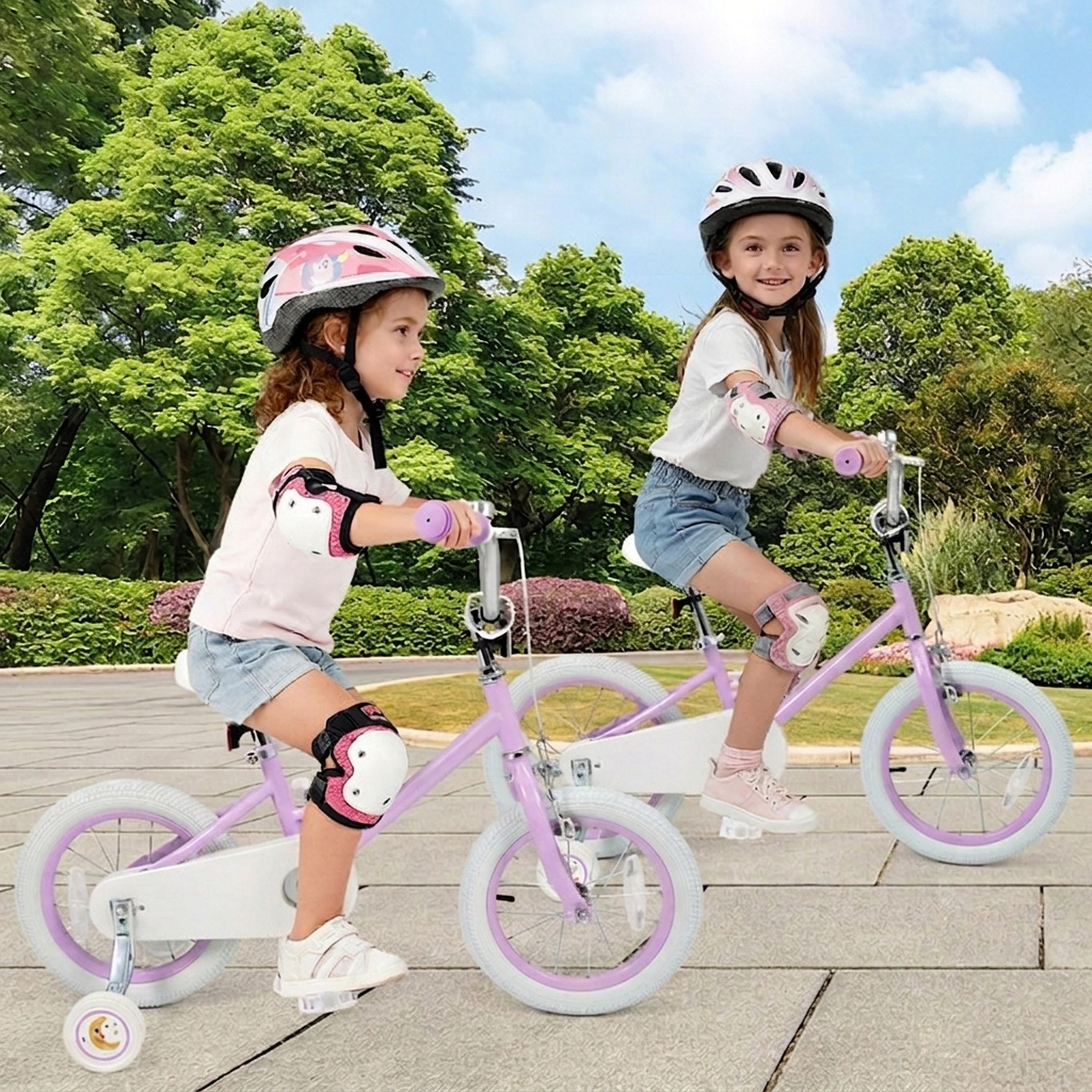 SUGIFT Adjustable 14-Inch Kids Bike with Training Wheels 110-lb Capacity Ages 3-5 Years Purple Stars & Moon
