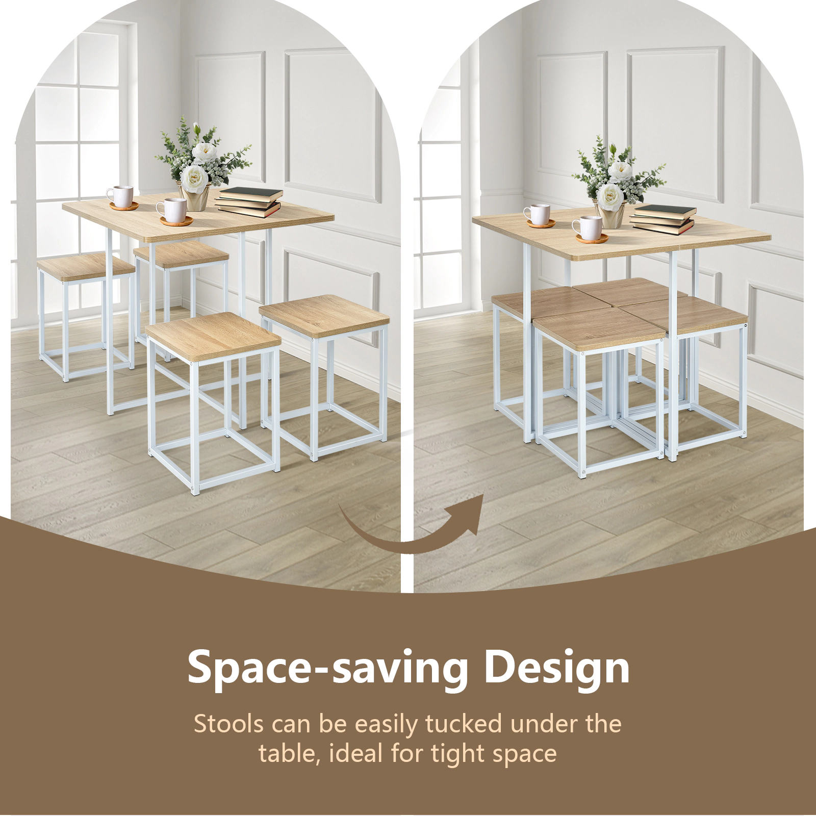 SUGIFT 5-Piece Steel Frame Square Table 4 Stools Compact Dining Set 31-in x 31-in x 30-in 150-lb Capacity Natural