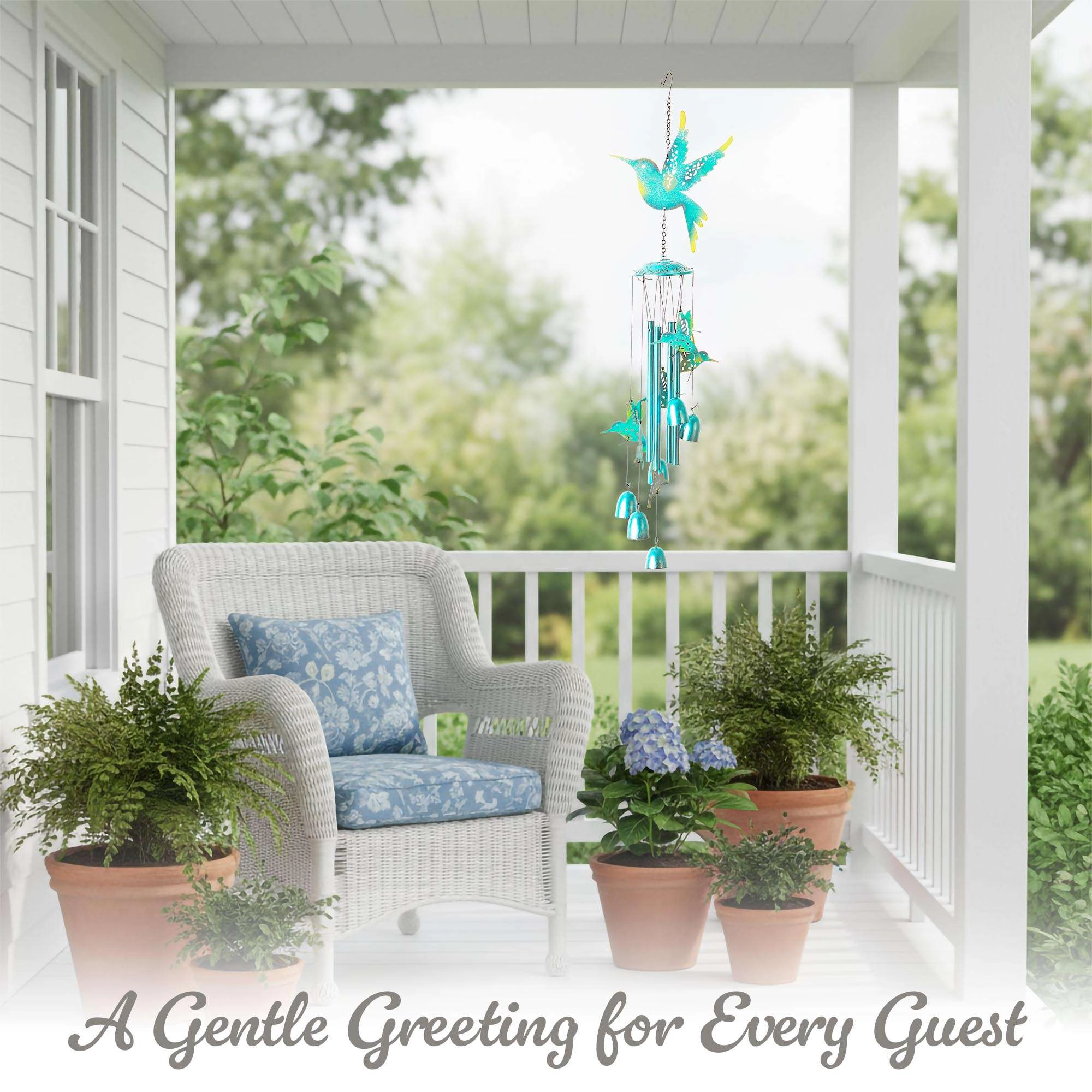 G128 Blue Hummingbird Wind Chime 32" - Hand-Painted Metal Outdoor Chime for Garden Patio Porch
