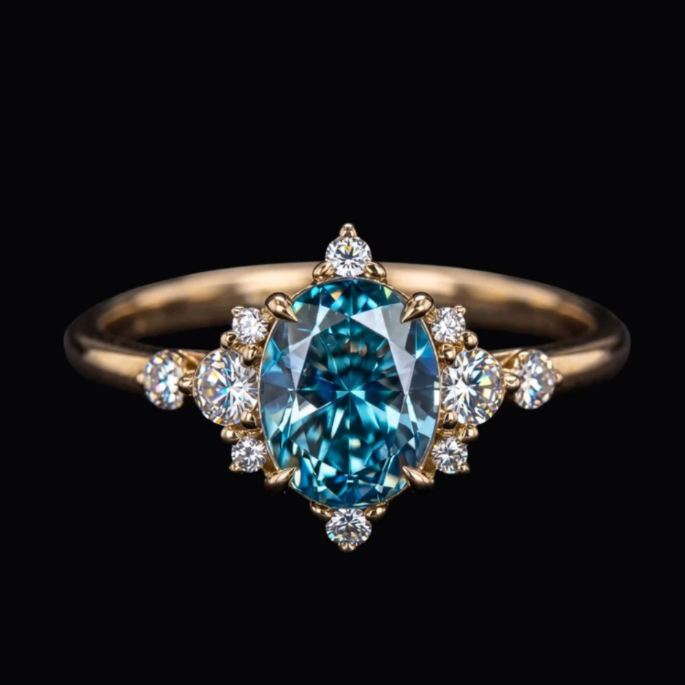 Elegant Oval Sea Blue Synthetic Gemstone Engagement Ring