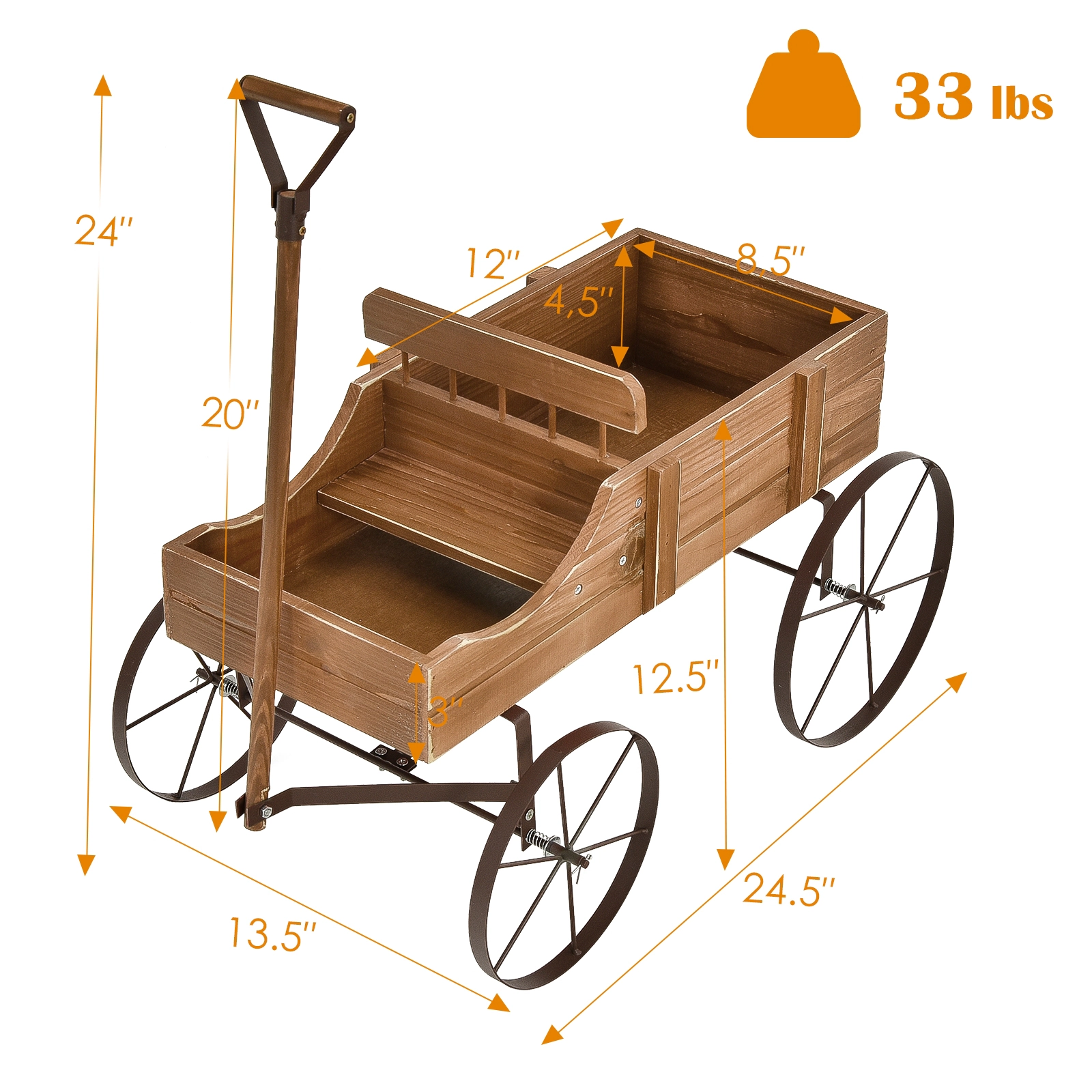 SUGIFT 24.5-in 33-lb Capacity Fir Wood Wagon Garden Planter with 4 Metal Wheels and Pull Handle