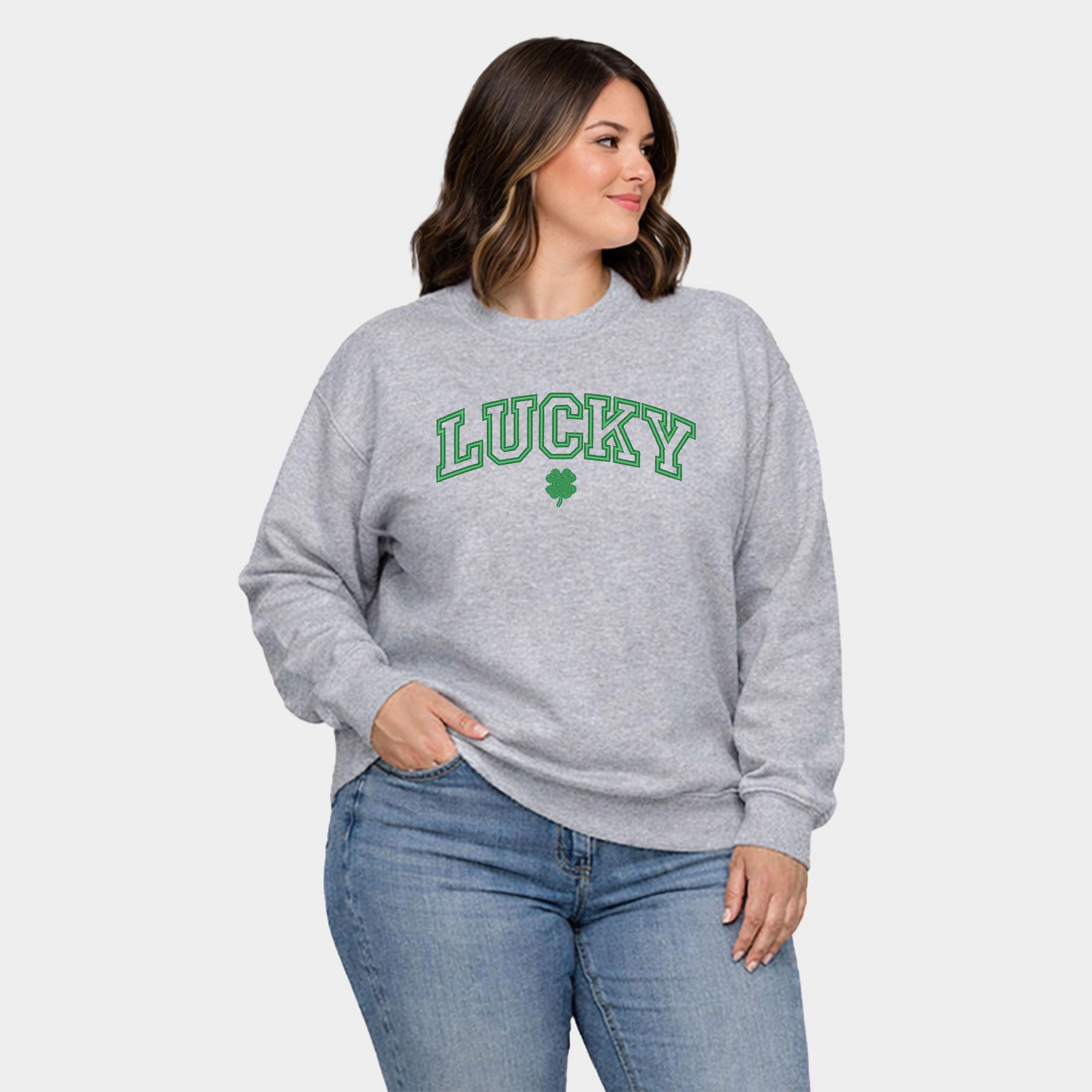 Simply Sage Market - Embroidered Lucky Varsity Clover  Women's Plus Sized Graphic Sweatshirt