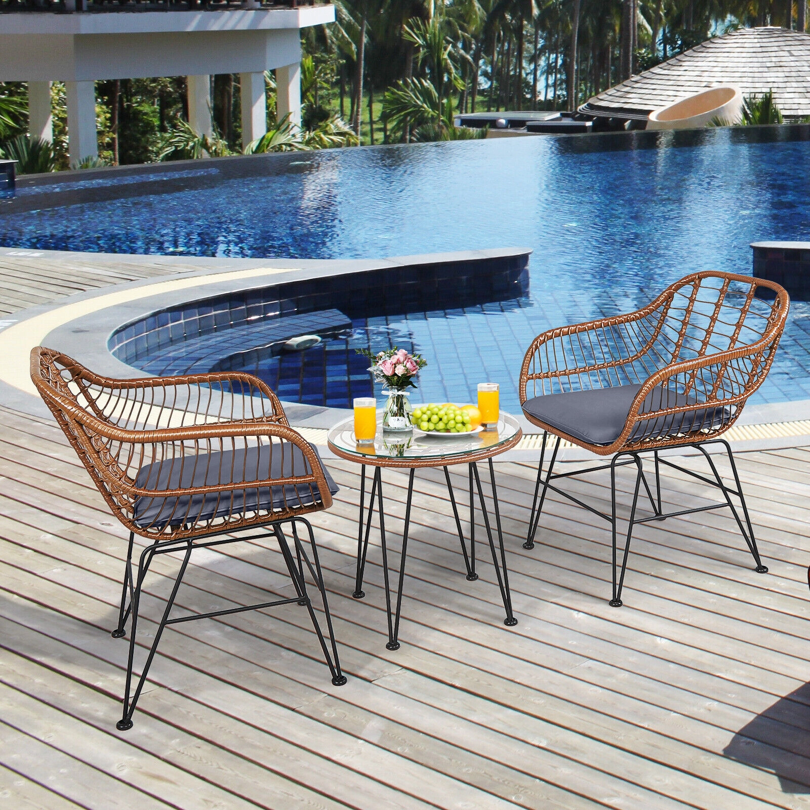 LJG 3 Pieces Patio Rattan Bistro Set with Cushion