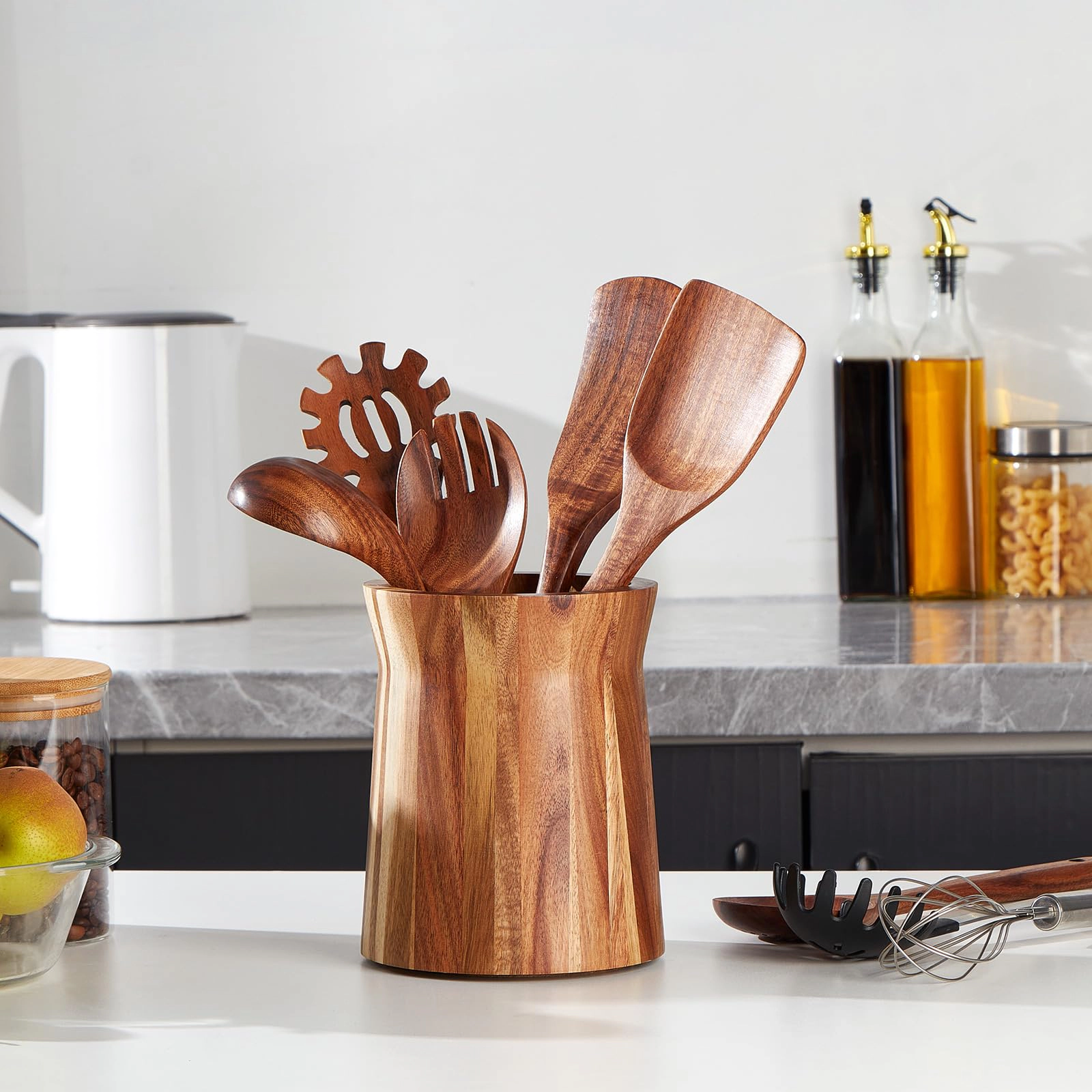 WZK 360 Degree Rotating Wooden Farmhouse Kitchen Utensil Holder