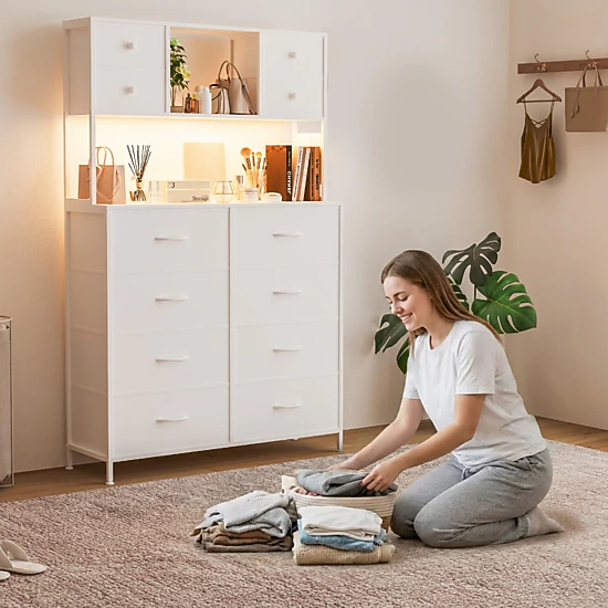 12 Drawer Fabric Dresser with LED Lights, Power Outlet & Open Shelves, Wood Top Metal Frame