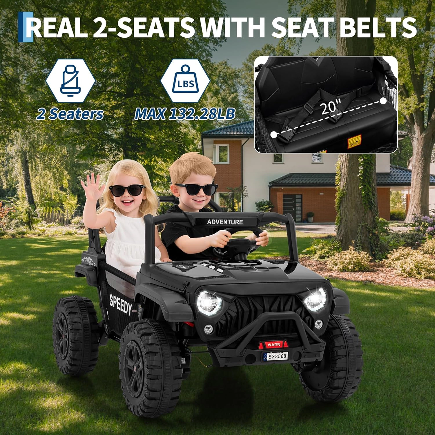24V 2-Seater Kids Ride On Truck, 4WD Electric Vehicle w Remote,3 Speeds,Suspension,Dual Storage,LED Lights&Music