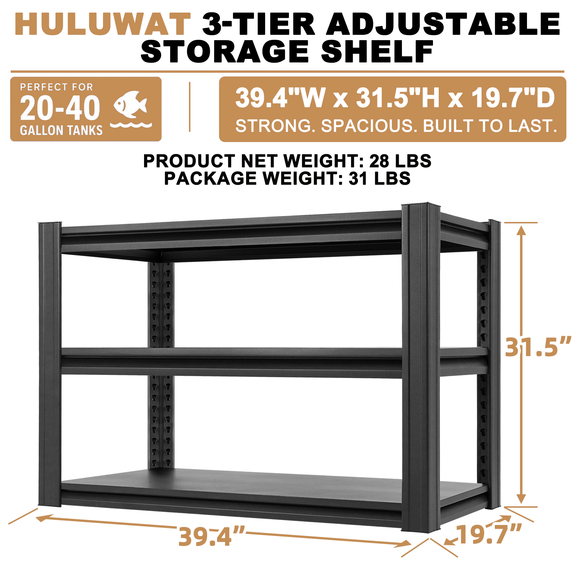 Flynama 3-Tier Heavy Duty Steel Shelving, Adjustable, Black (39.4"W x 31.5"H x 20"D), 20-40 Gallon Fish Tank