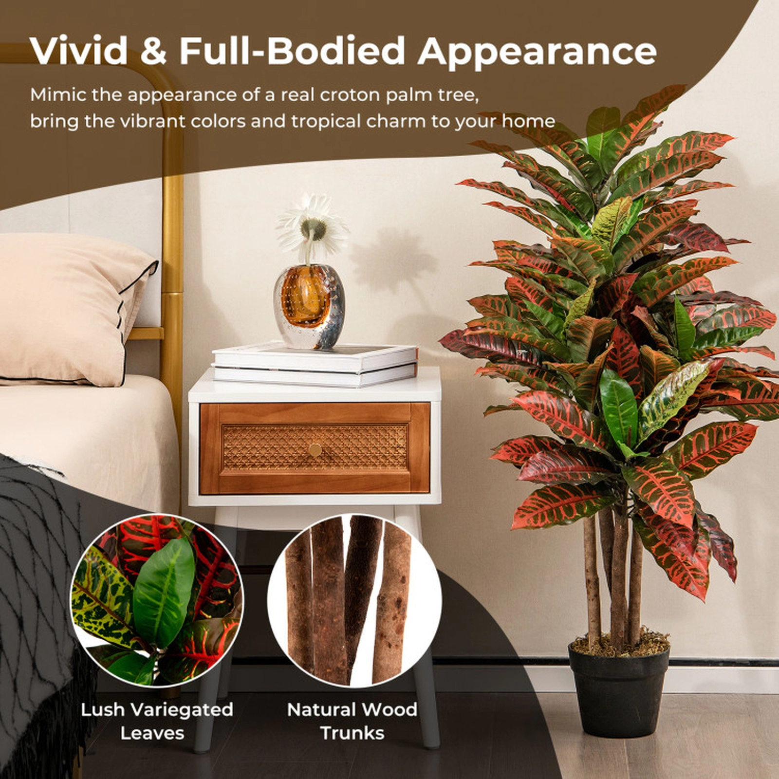 SUGIFT 40-in Tall Artificial Croton Palm Tree with 71 Colorful Variegated Leaves and Cement-Filled Pot