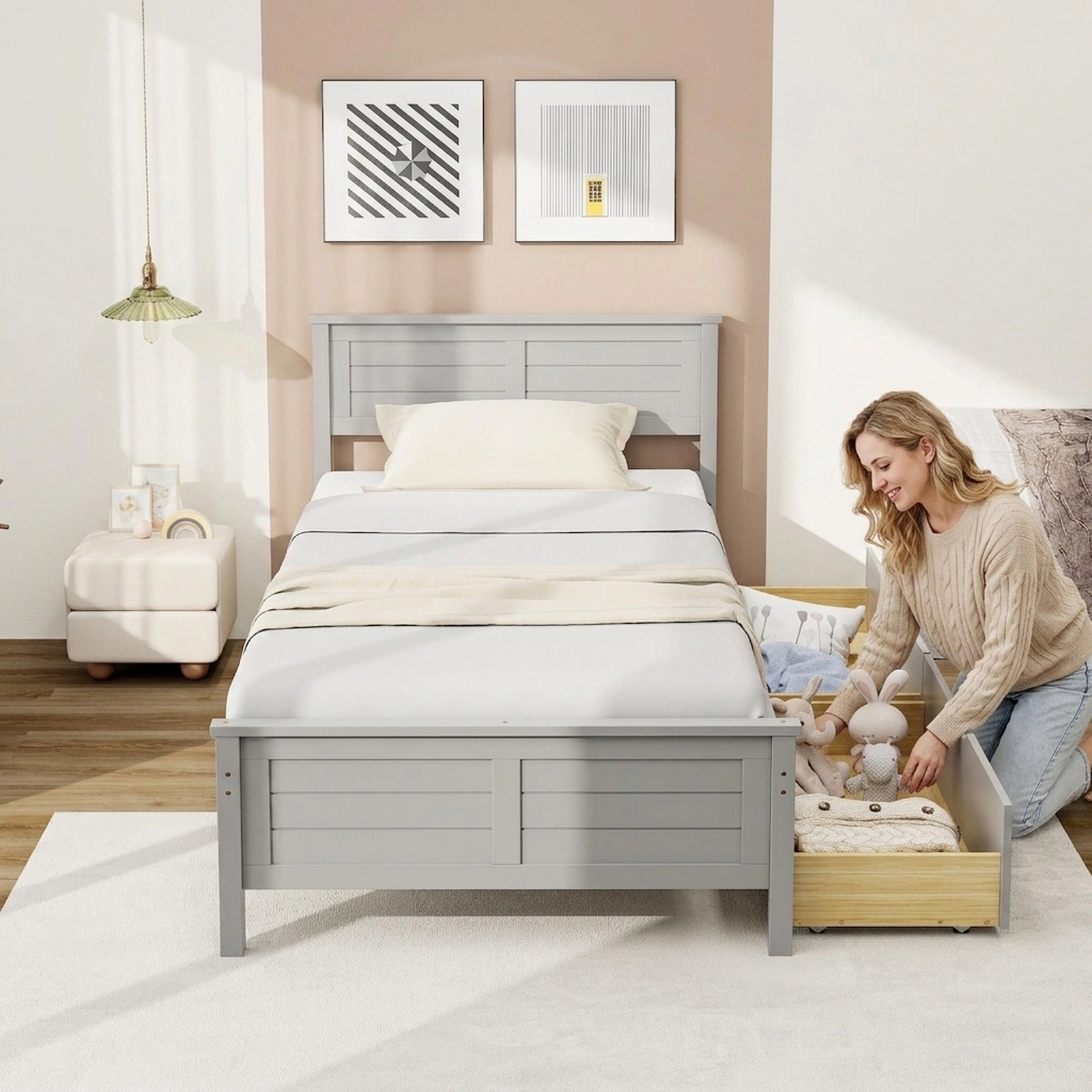 Twin Size Bed Frame with 2 Deep Storage Drawers Gray Wood Platform Bed with Headboard Footboard