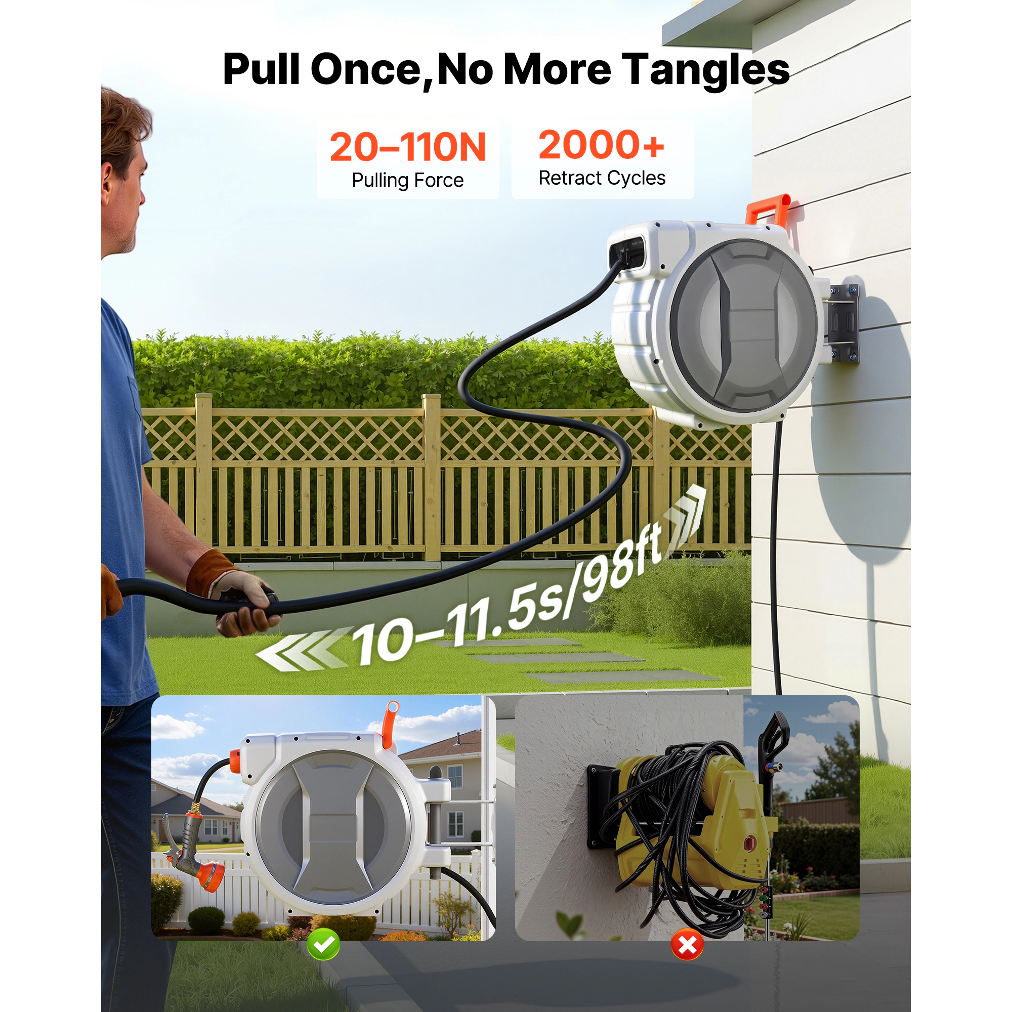 HONGGE Retractable Garden Hose Reel 1/2 in Wall Mounted Hose Reel with 9-Function Sprayer Nozzle and 180° Swivel