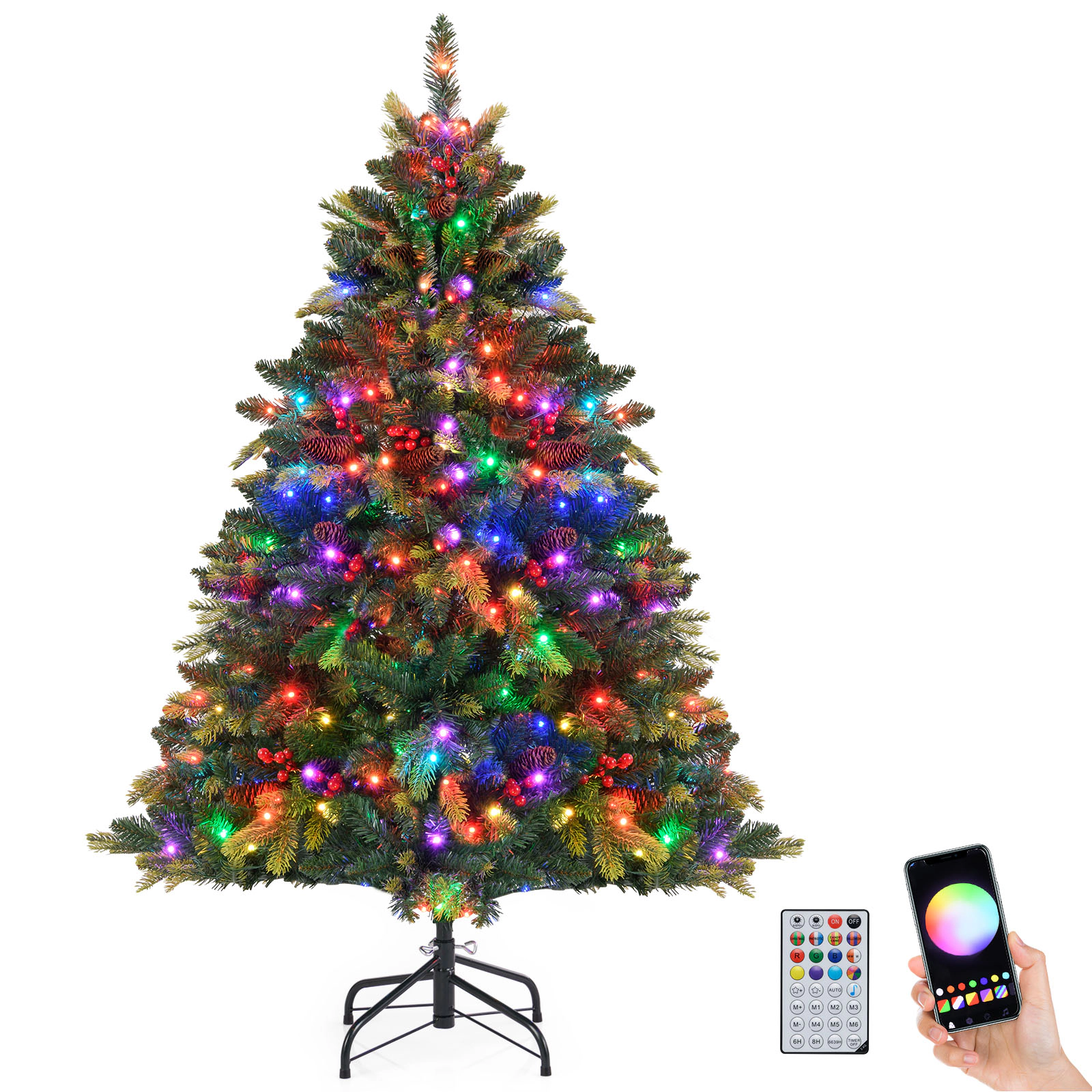 Costway 5/6/7/8 FT Artificial Christmas Tree with 250/370/500/650 RGB LED Lights 584/1054/1436/1936 Branch Tips