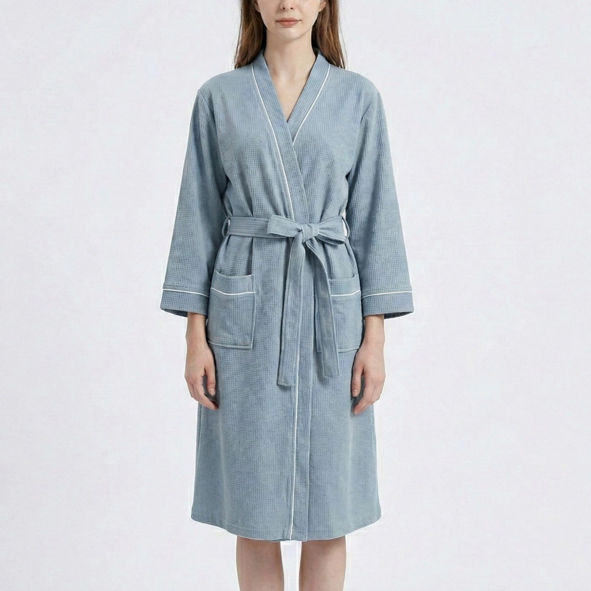 Anna-Kaci Women's Waffle Knit Long Sleeve Bathrobe with Adjustable Waist Tie Belt and Front Patch Pockets