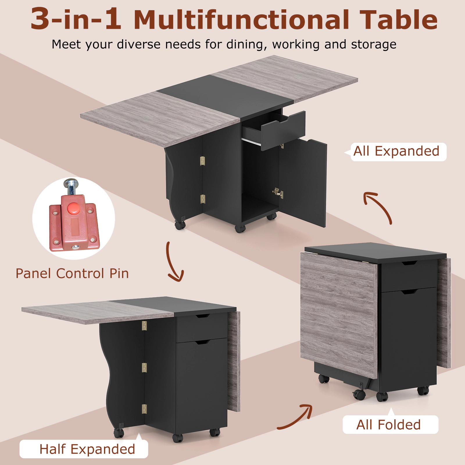 SUGIFT Black 3-in-1 Folding Dining, Craft, and Sewing Table with Drawers and Wheels