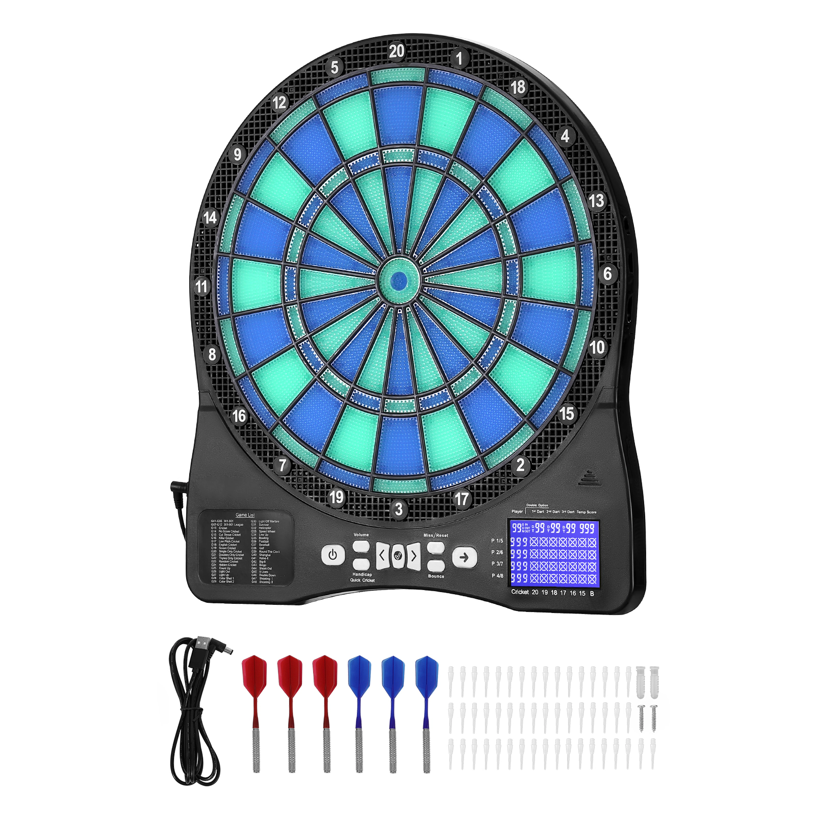 HONGGE 13.5-Inch Electronic Dart Board with LED-Lit Target and LCD Scoring Screen, 48 Games for 8 Players