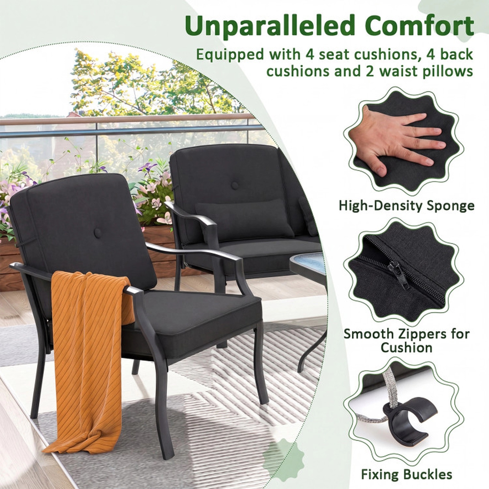 SUGIFT Set of 2 Black Metal Low Lounge Patio Chairs with Washable Cushions