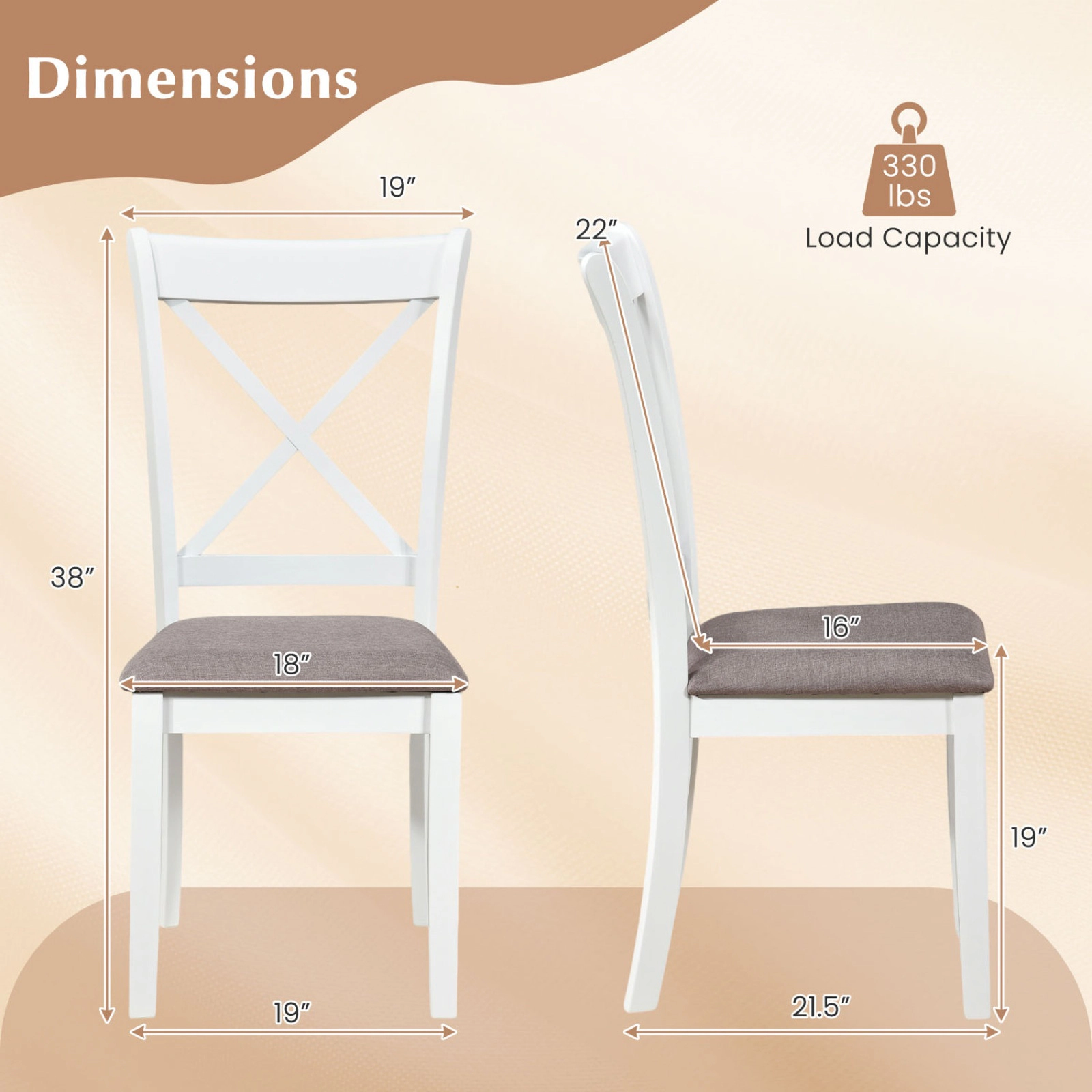 SUGIFT Breathable Hollow-Back Dining Chairs 330-lb Capacity White & Gray with Padded Linen Seat