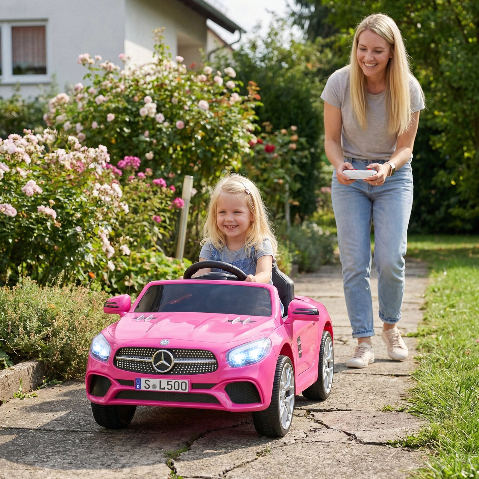 SUGIFT 12V Pink Kids Ride-On Car with Licensed Mercedes-Benz Body Remote Music and LED Lights 41-in W