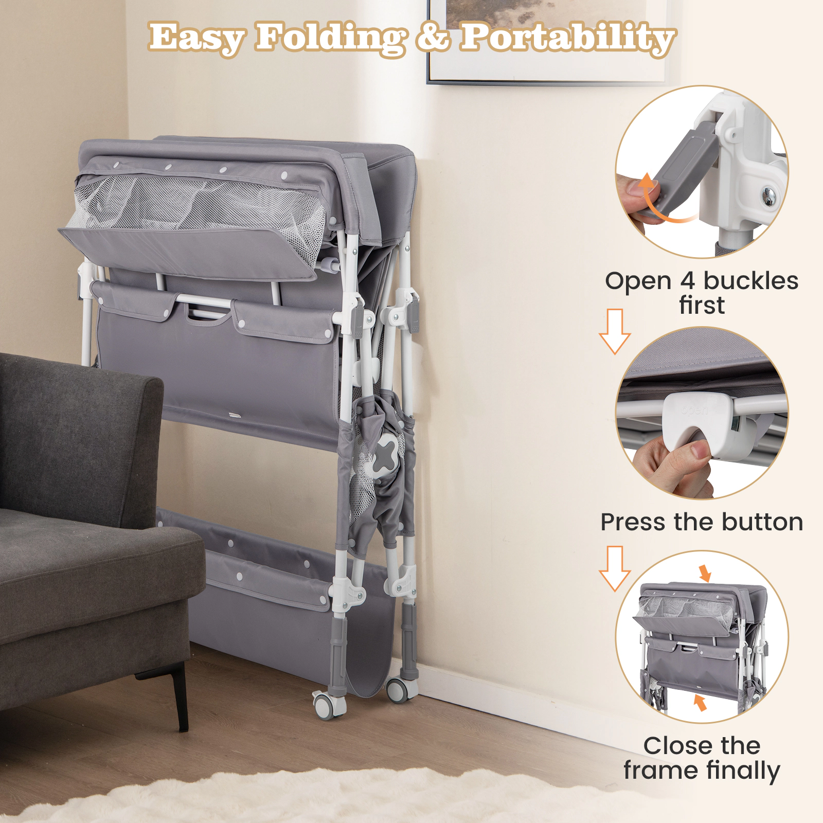 SUGIFT Portable Baby Changing Table Gray with Wheels Storage Basket and Trash Bin