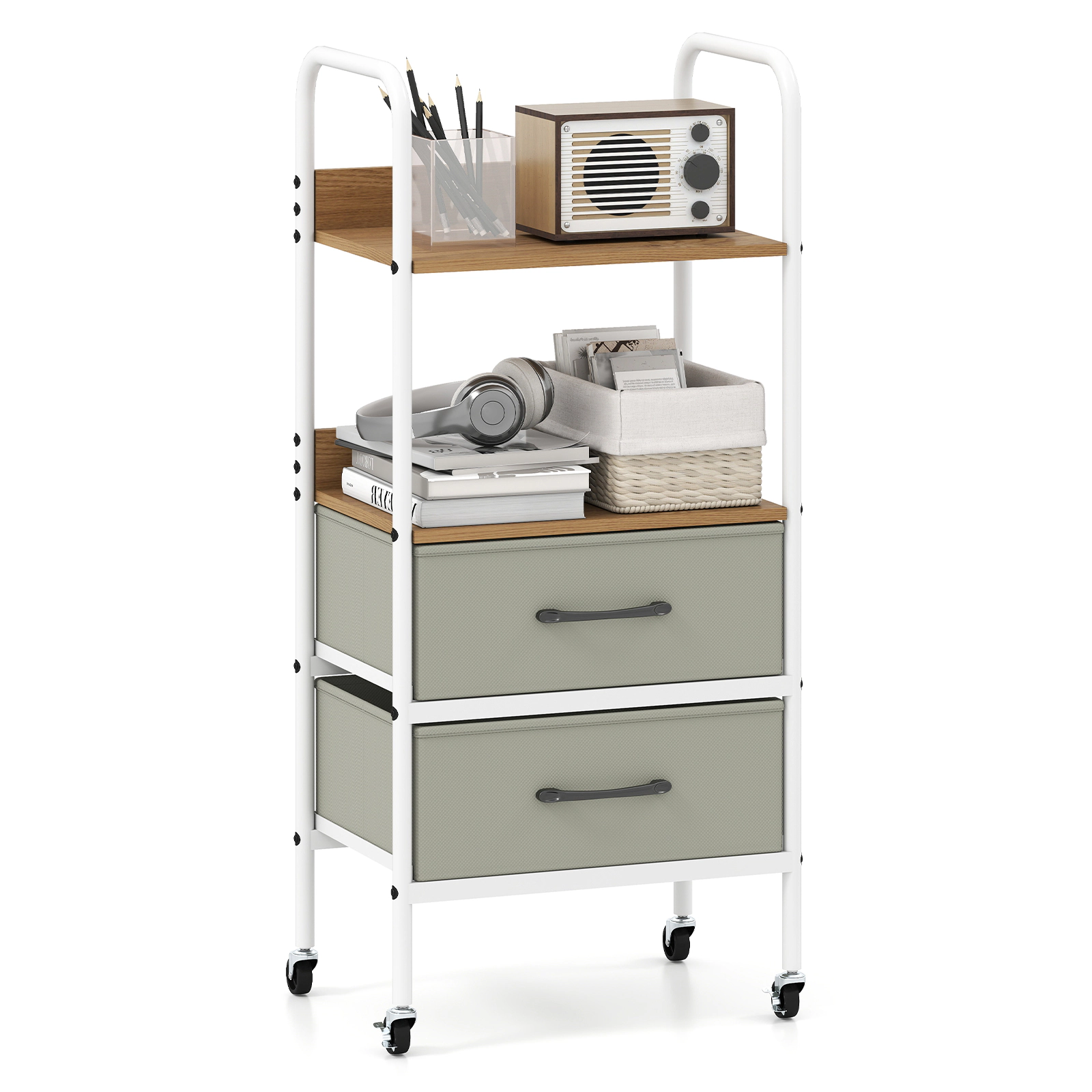 LJG Rolling Utility Storage Cart with 2 Open Shelves and 2 Fabric Drawers