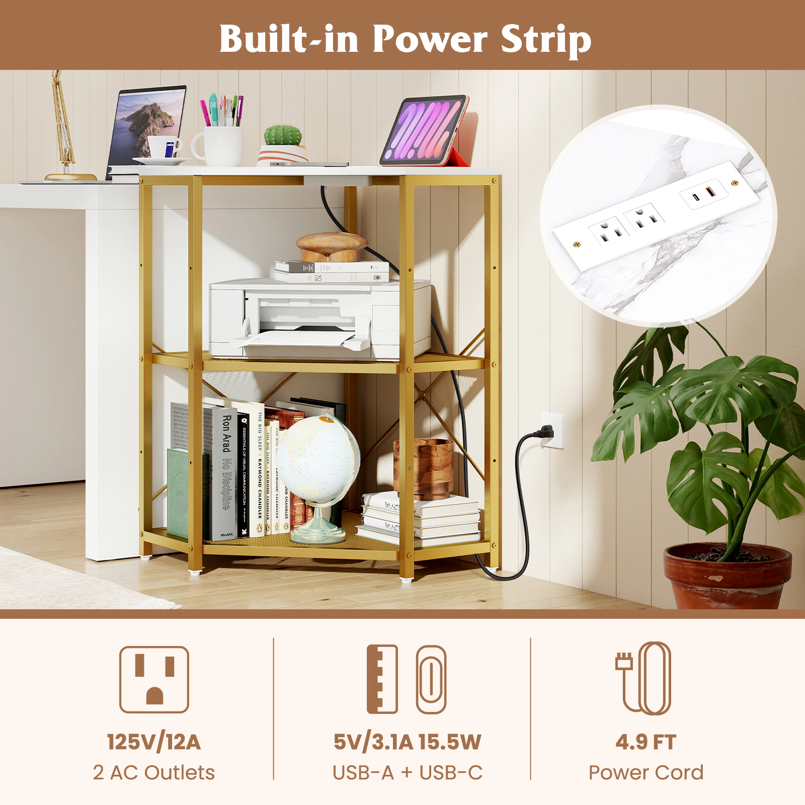 SUGIFT 3-Tier 2 AC Outlets USB-C Charging Corner Printer Stand 20-in x 20-in x 31-in 70-lb Top 4.9-ft Cord White