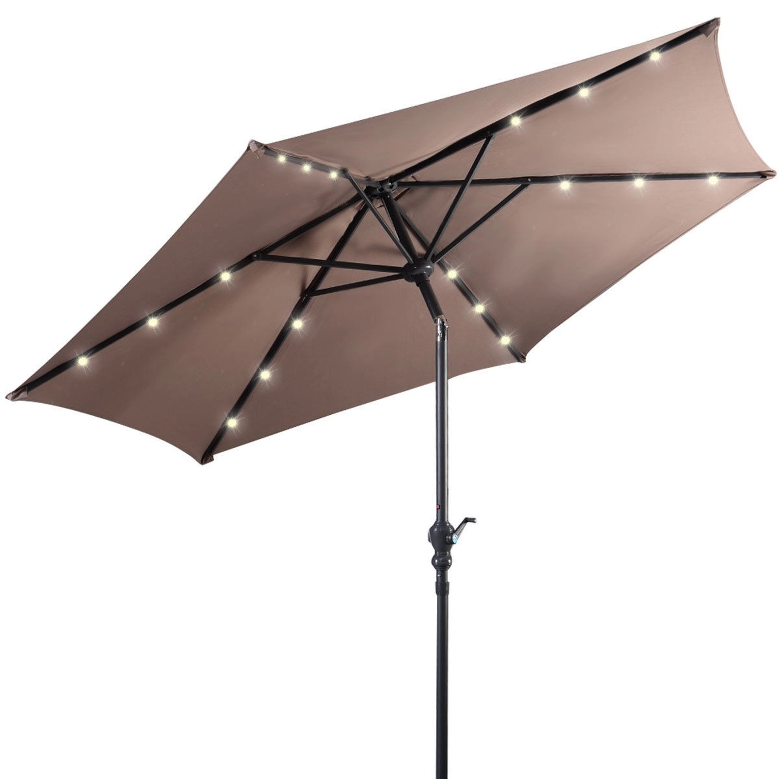 SUGIFT 9-ft Tan Solar LED Market Patio Umbrella with 18 Lights 6 Steel Ribs Push Tilt and Crank Lift