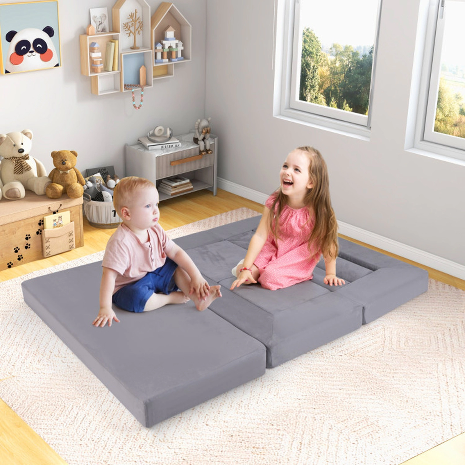 SUGIFT 9-Piece Gray Suede Stackable Foam Climbing Blocks and Crawl Playset with Machine Washable Covers