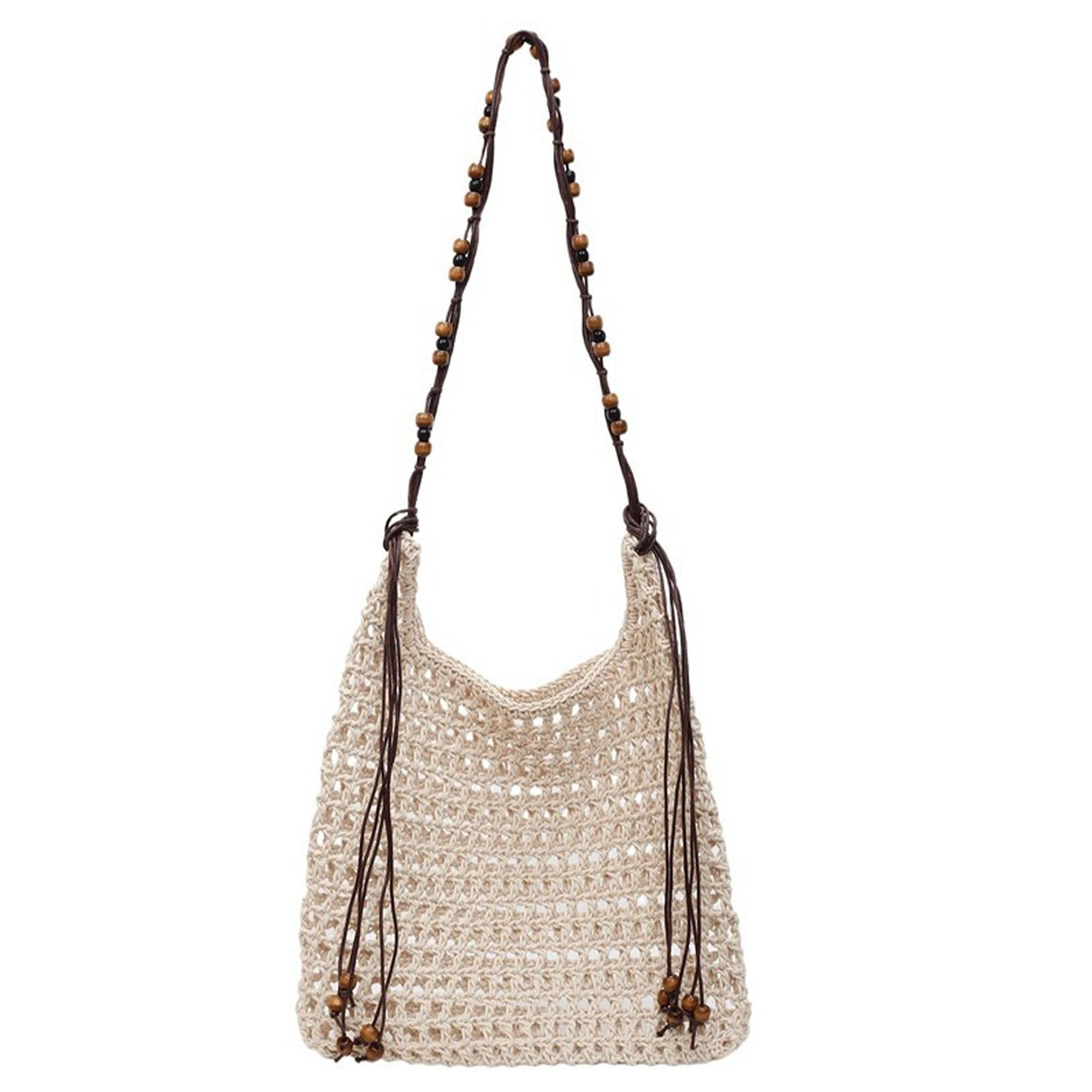 Alilang Women's Crochet Shoulder Bag with Beaded Strap Tassel Drawstring Detail Lightweight Knit Hobo Handbag