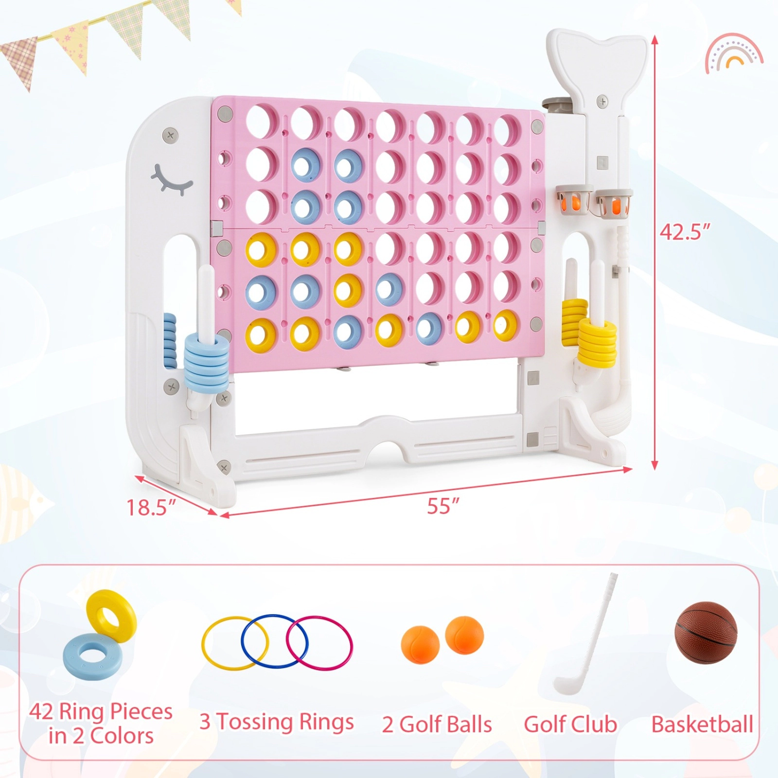 SUGIFT Integrated 4-Game Jumbo Connect Four Combo Game Set with Ring Toss and Basketball Pink Blue Gray Navy