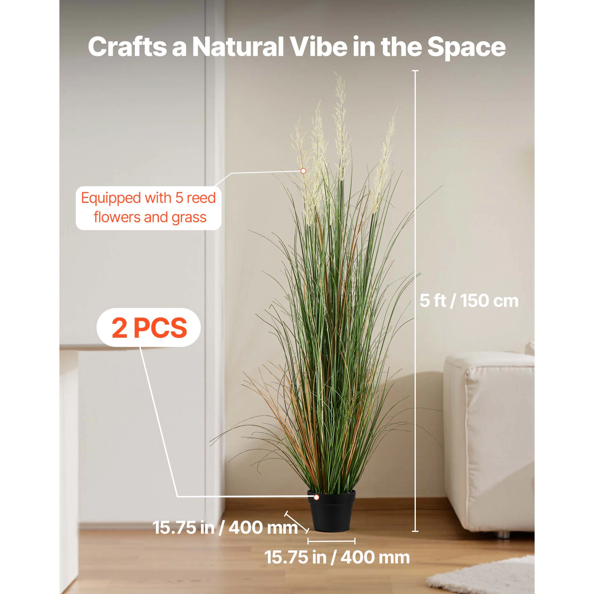 HONGGE Artificial Grass Plant Reed Flower Grass in Pot Premium PVC Faux Fake Greenery Shrubs Plant for Indoor Outdoor
