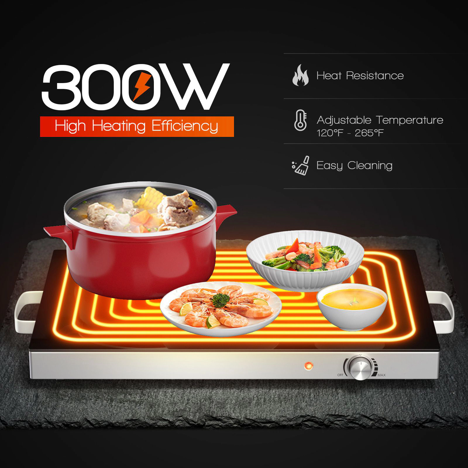 SlickBlue Food Warming Tray with Tempered Glass Top, 300W
