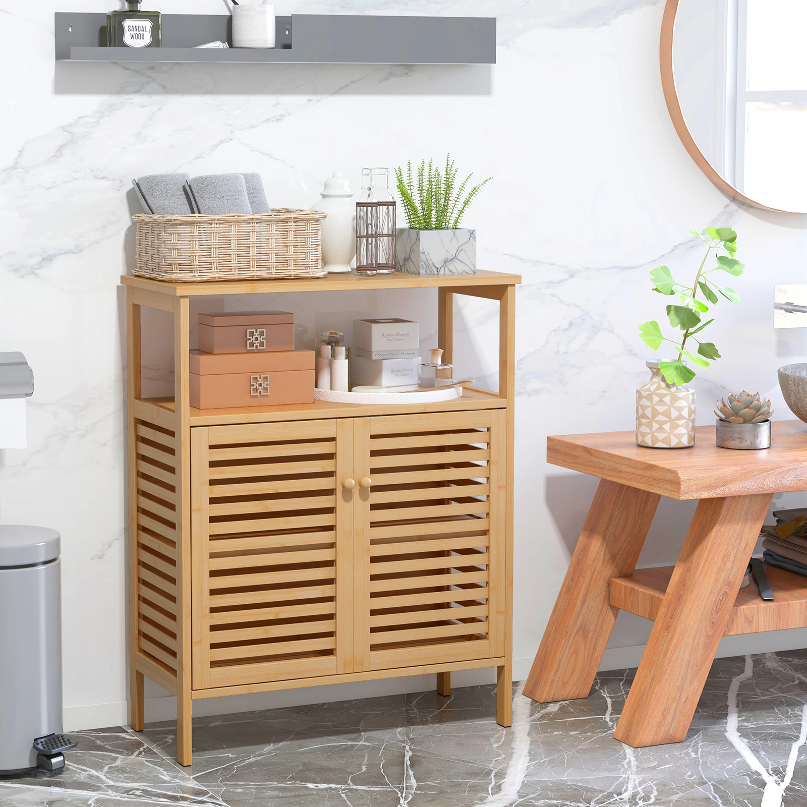 Slickblue Bathroom Storage Cabinet Wicker MDF Open Shelves 2-Door Entryway Laundry