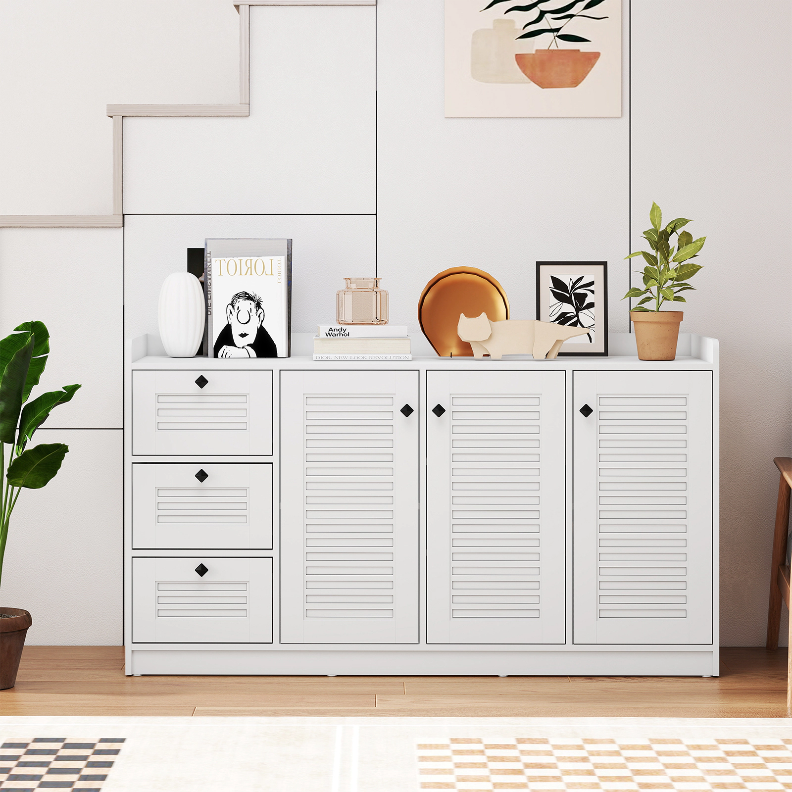 SUGIFT 63-in 165-lb Countertop White Buffet Cabinet Sideboard with 3 Shutter Doors and 3 Drawers
