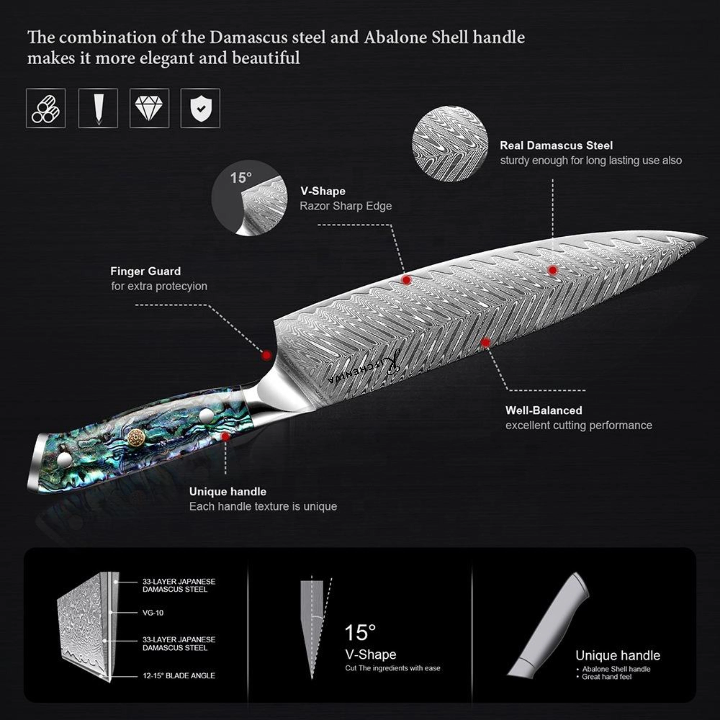 Kitcheniva 4-Piece VG10 Core Damascus Steel Knife Set With Abalone Shell Resin Handle