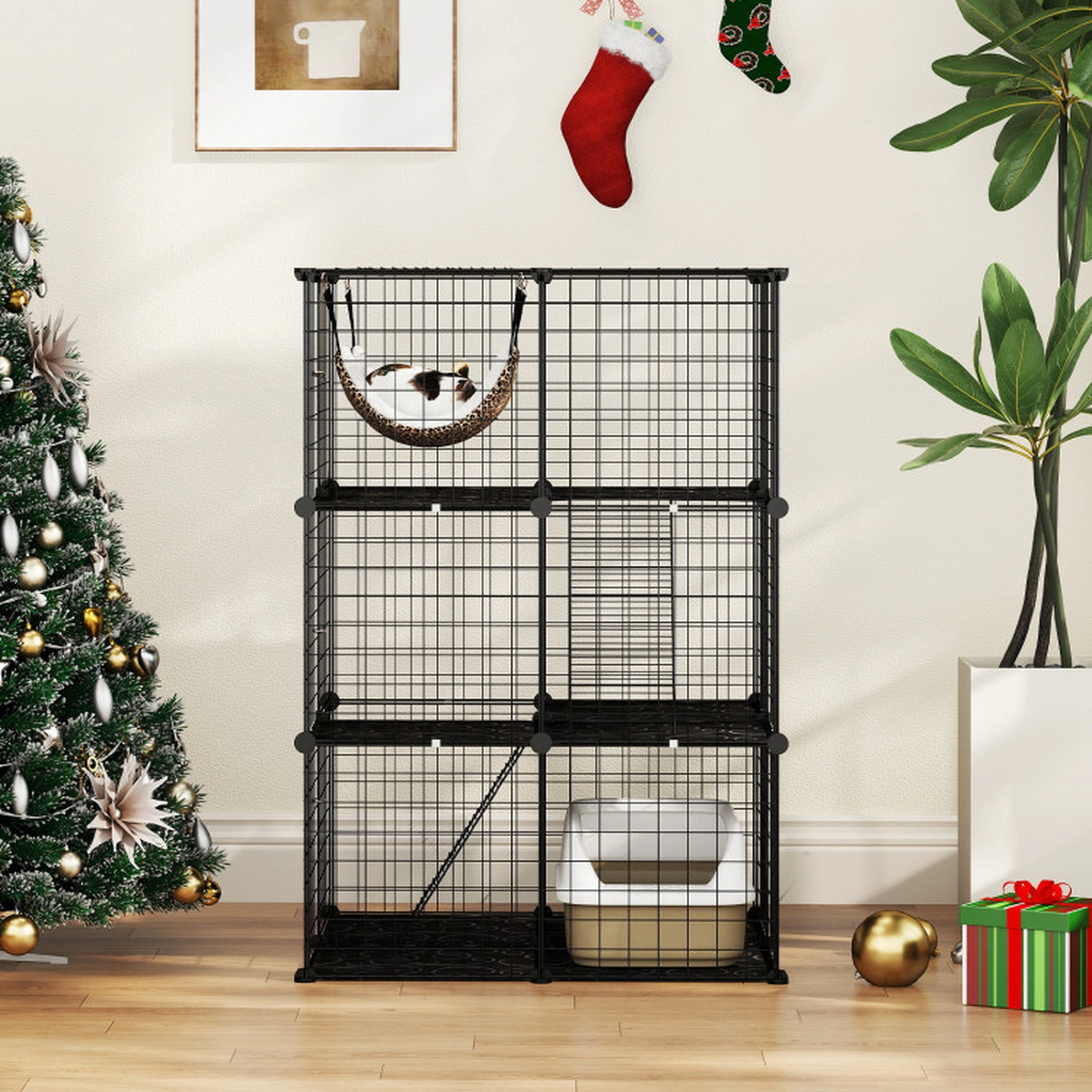 SUGIFT 3-Tier Indoor Cat Cage Black Detachable Metal Wire Enclosure with Hammer and Panels