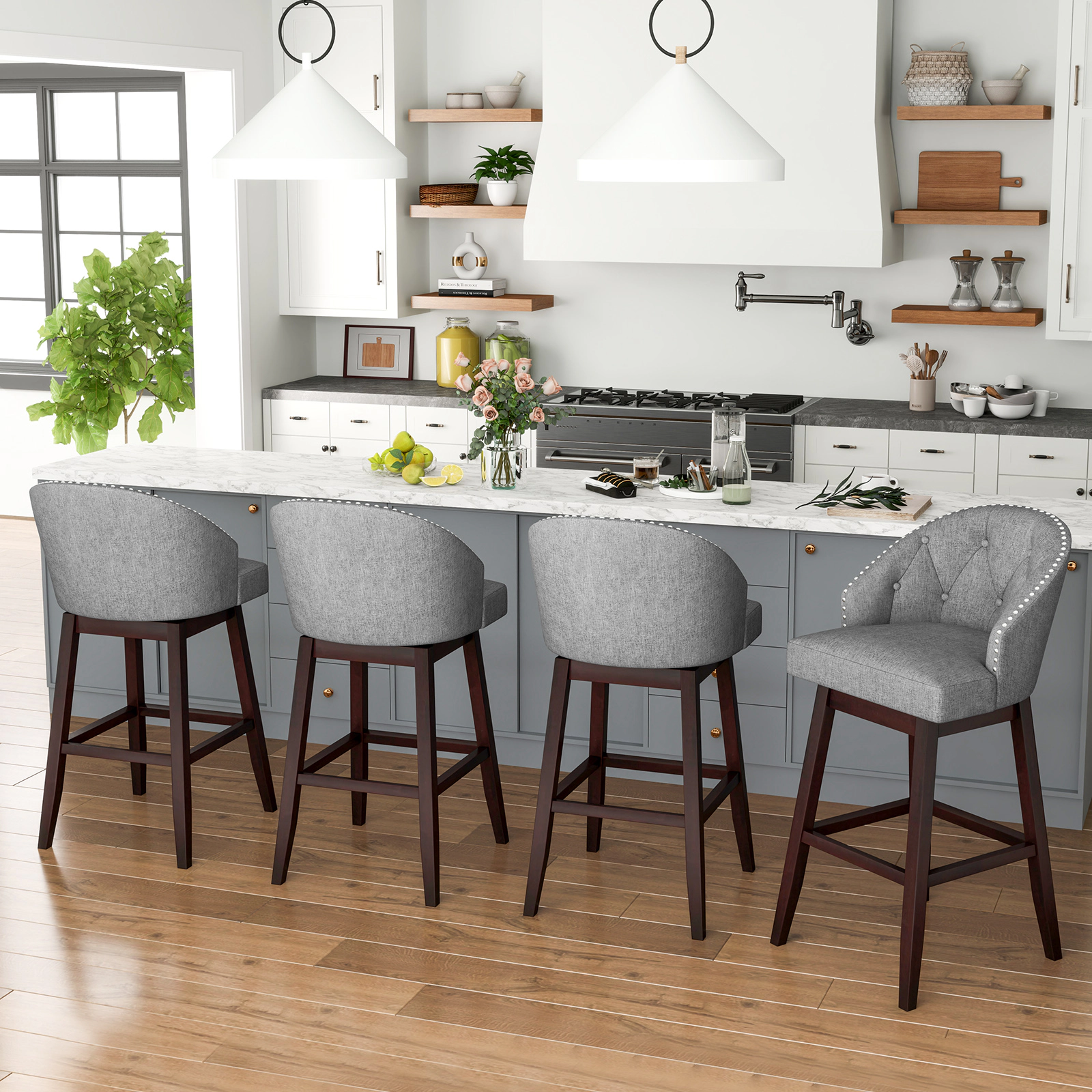 SUGIFT Set of 2 Swivel Bar Stools with Rubber Wood Legs and Padded Back 330-lb Capacity 31-in Seat Height Gray & Walnut