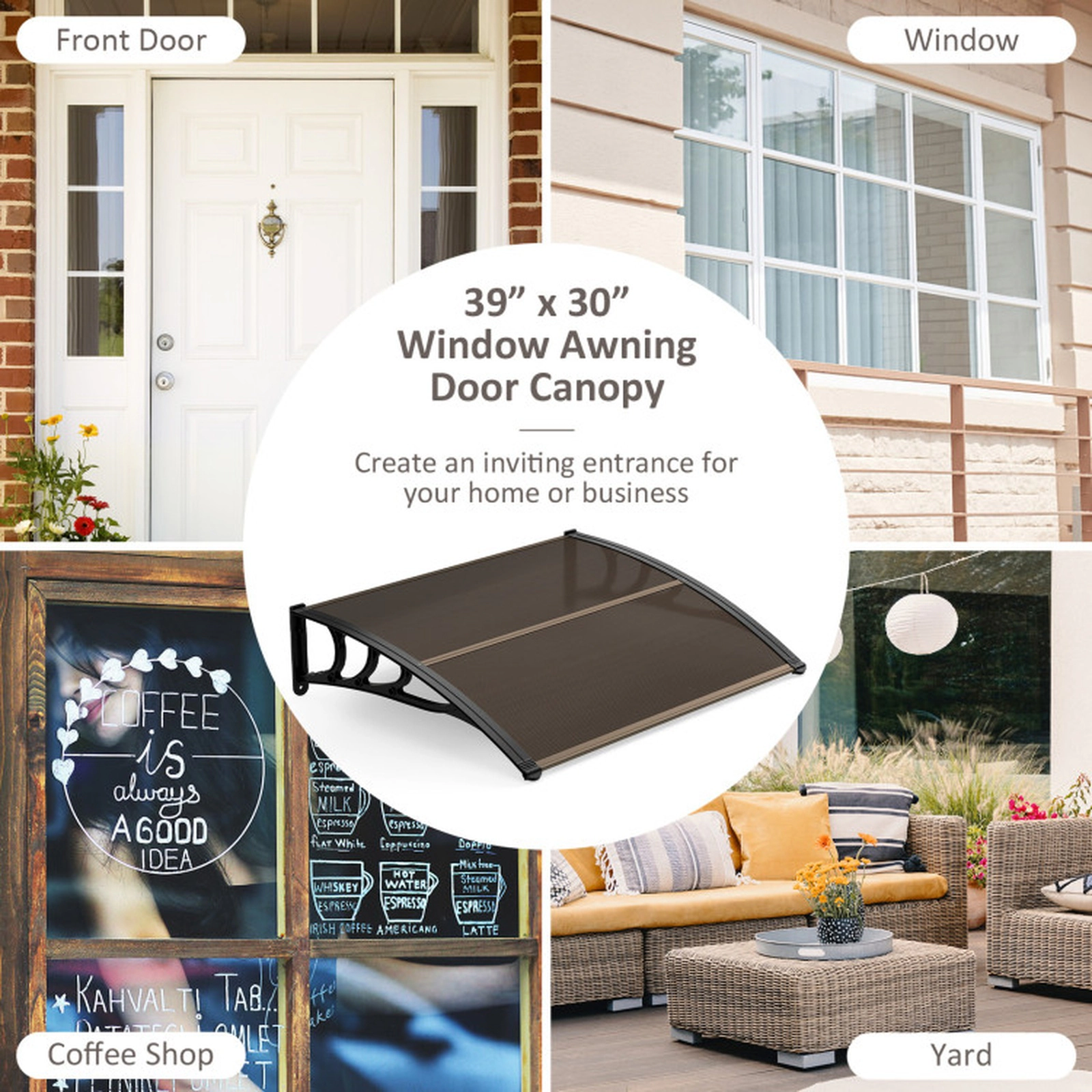 SUGIFT 39 x 30 in Outdoor Front Door Window Awning Door Canopy 44-lb Capacity Exterior Brown