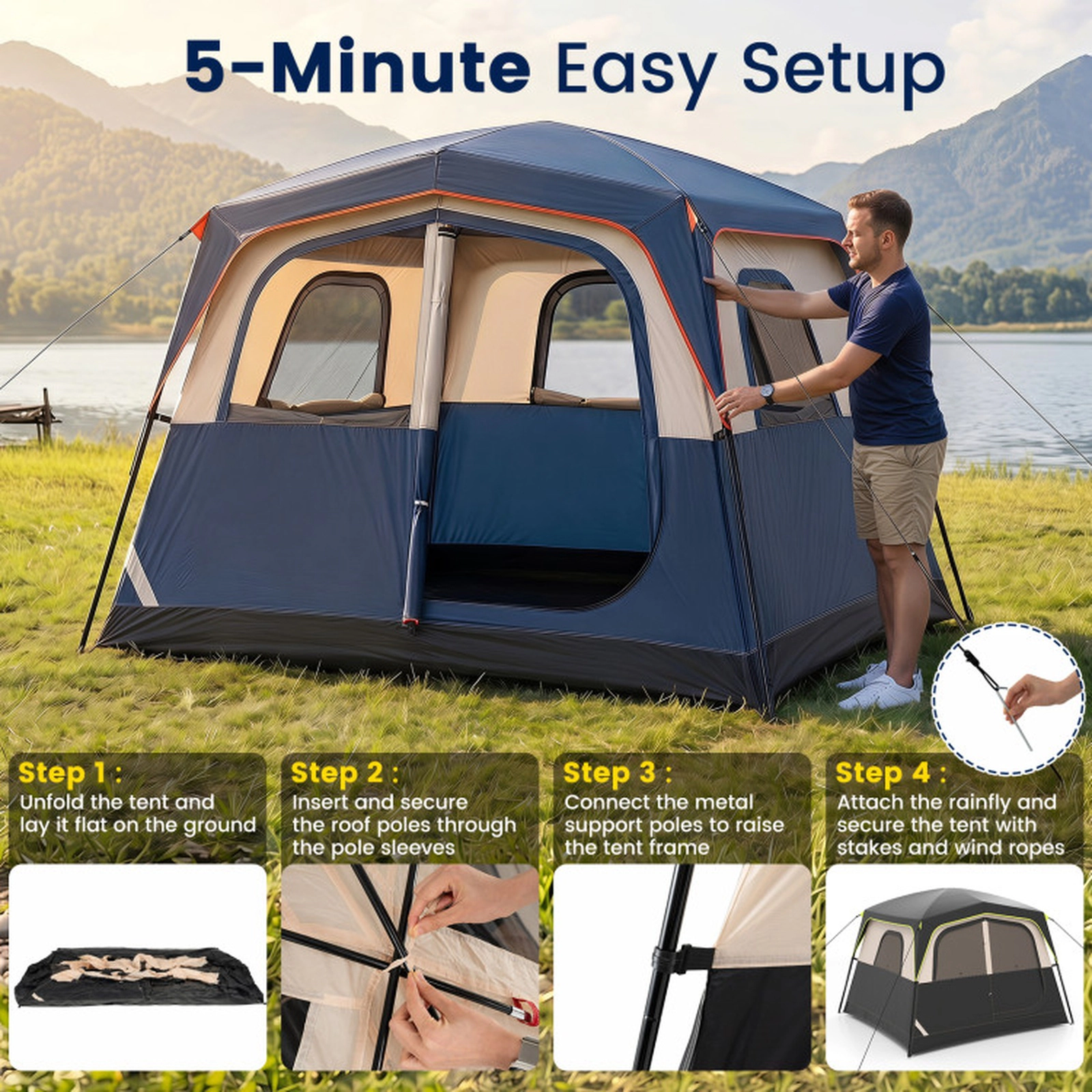 SUGIFT Blue 10-ft x 9-ft 6-Person Cabin Camping Tent with Top Rainfly Mesh Windows and Carrying Bag