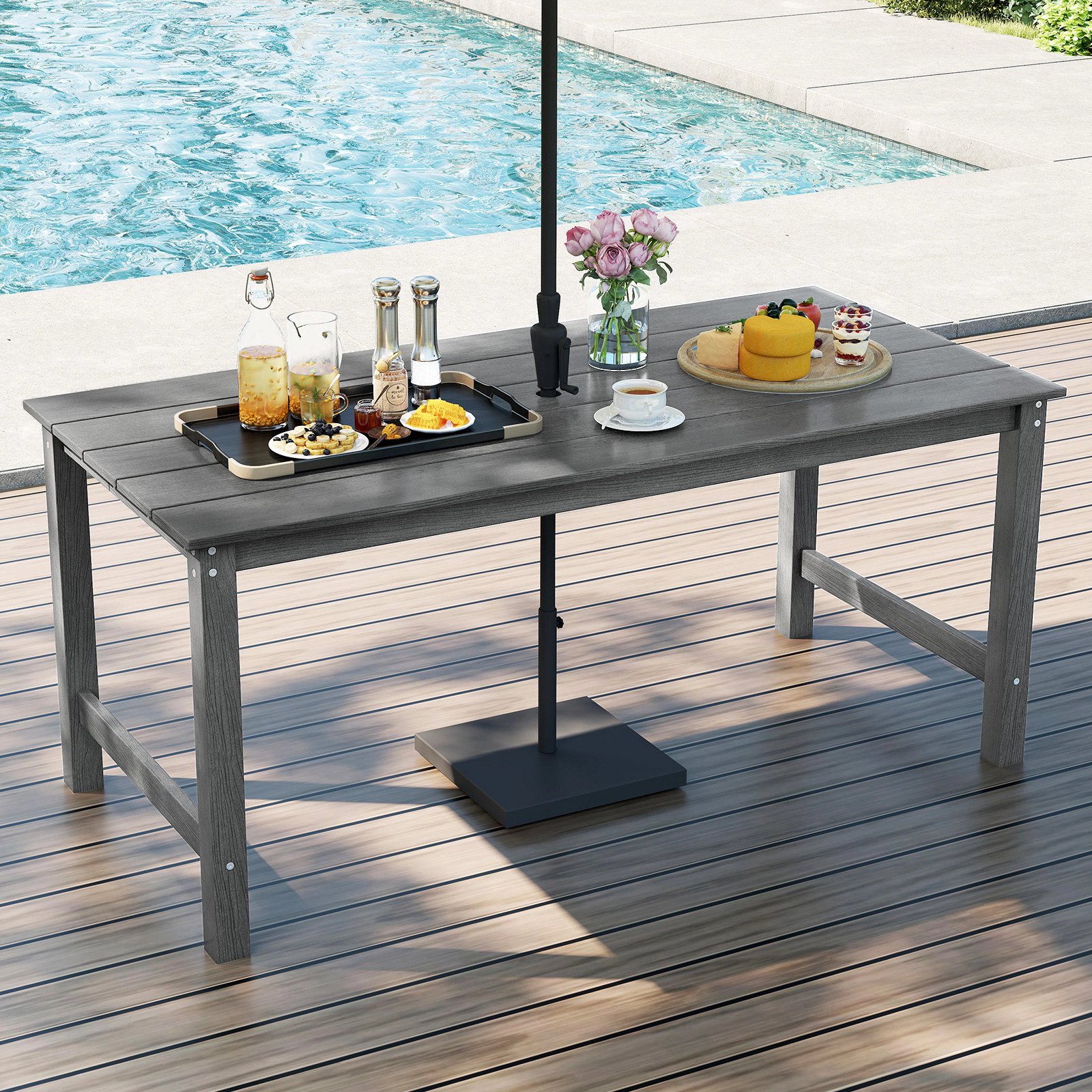 SUGIFT 67-in Gray HDPE Outdoor Dining Table for 6 with Wood Grain Top and Umbrella Hole