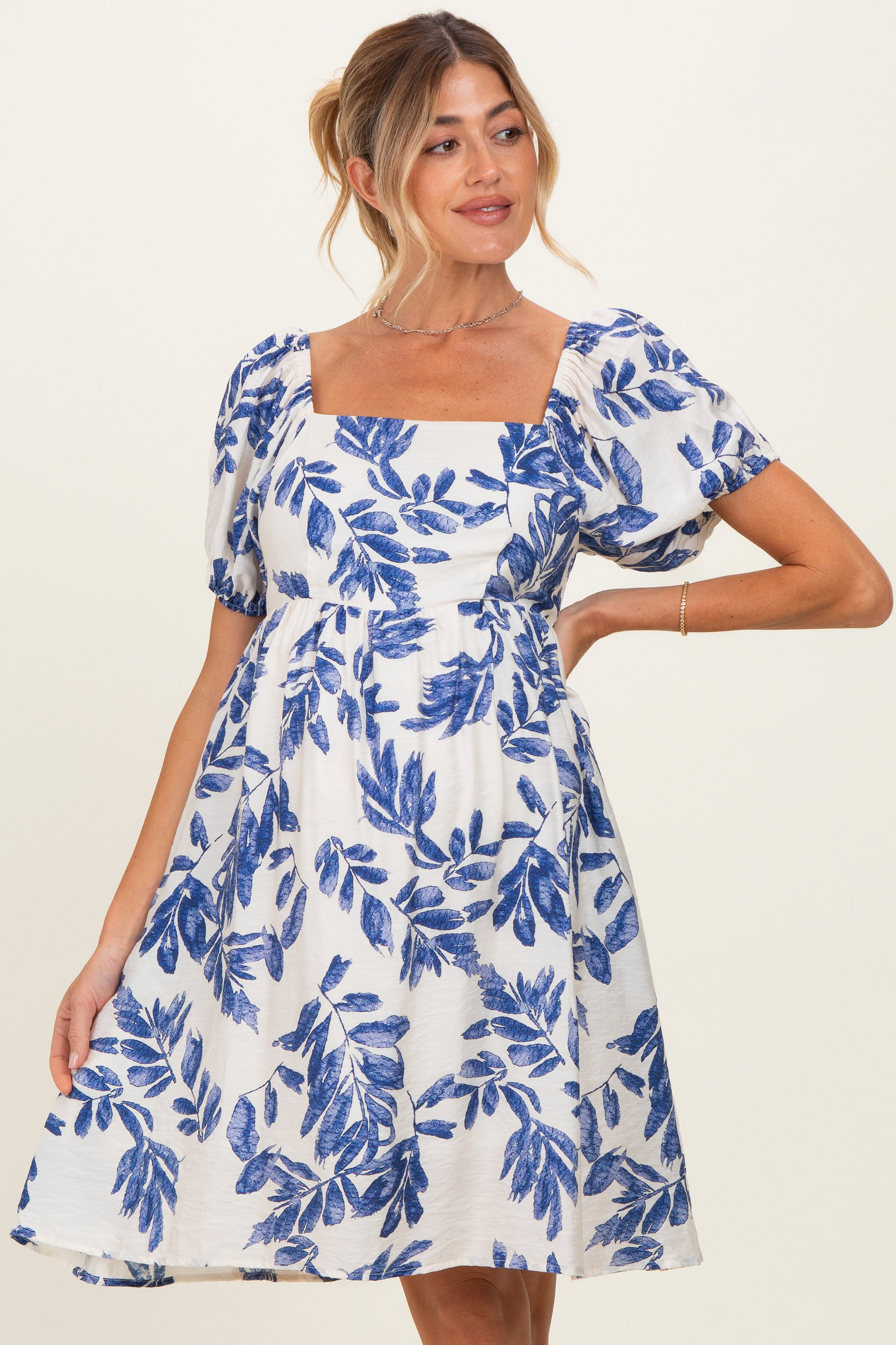 PinkBlush Womens Blue Floral Puff Sleeve Maternity Dress