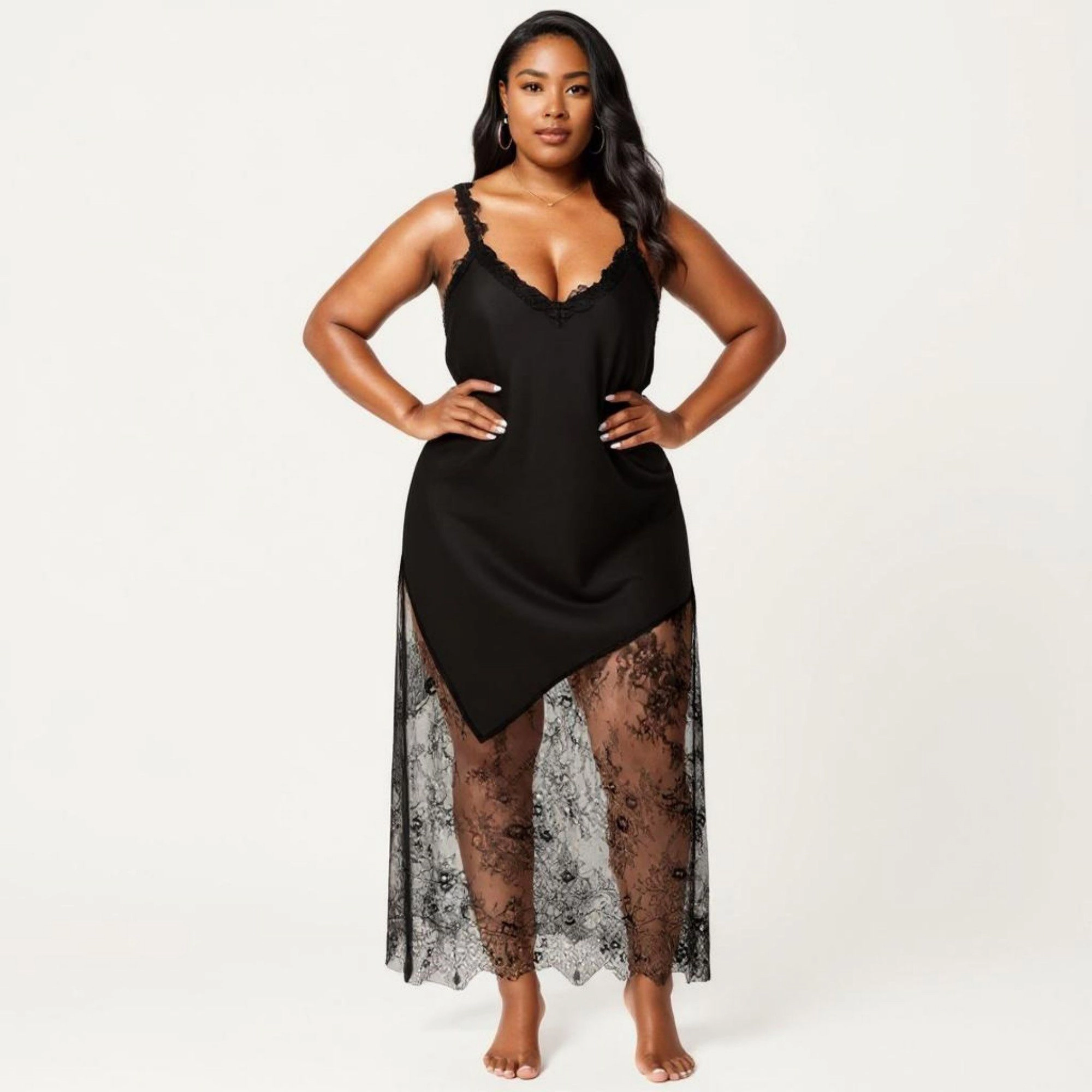 Anna-Kaci Women's Plus Lace Trim Slip Dress Asymmetrical Hem Sheer Mesh Nightgown Sleepwear