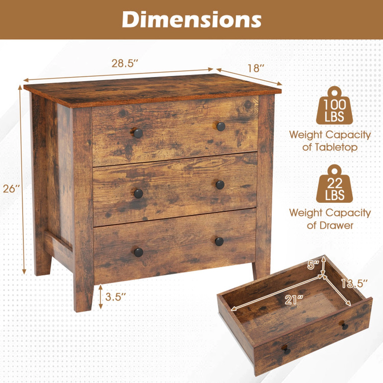 SUGIFT 3-Drawer MDF Dresser Chest of Drawers 28 x 18 x 26 in 220-Lb Capacity Bedside Table Rustic Brown