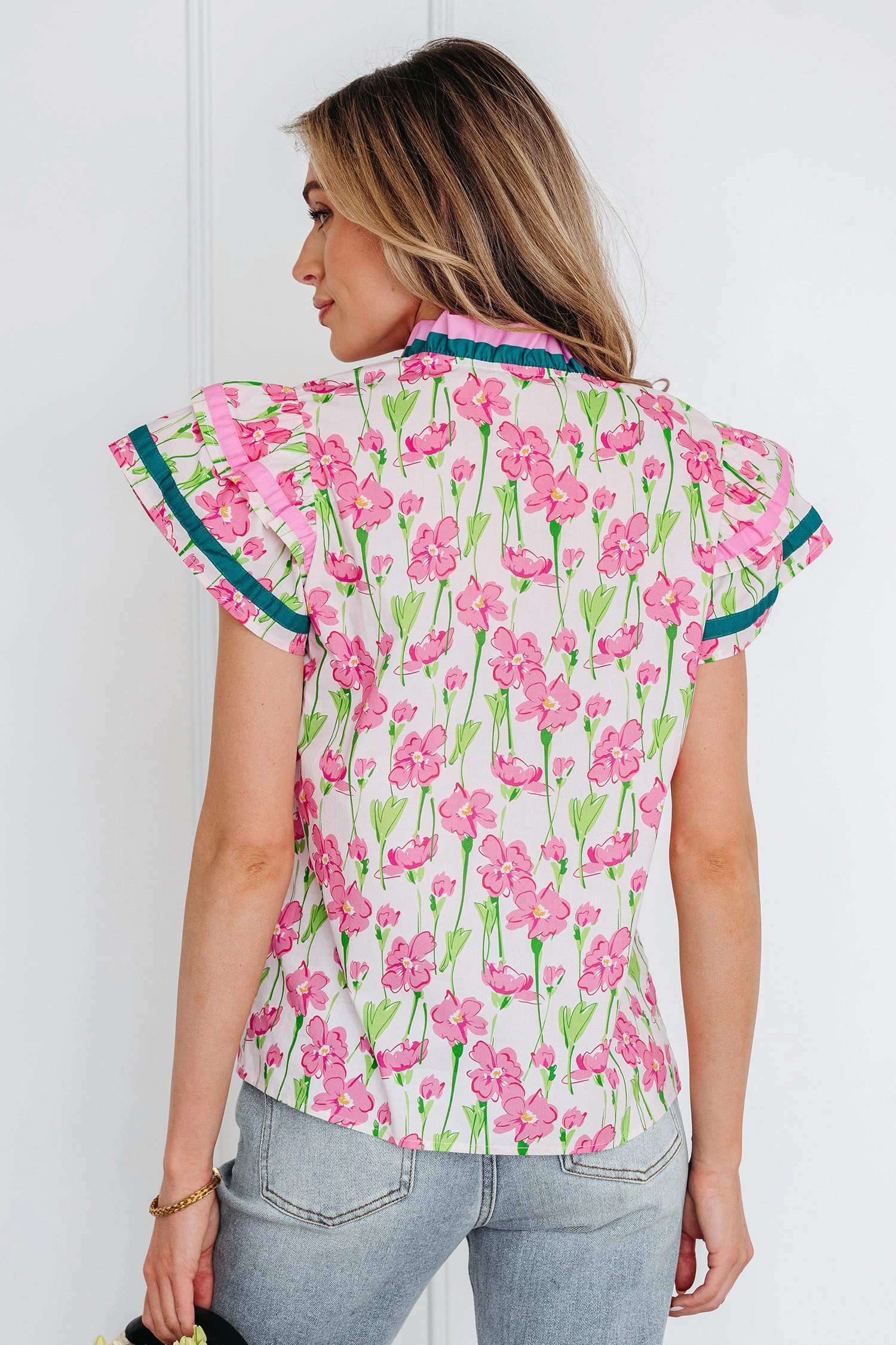Threaded Pear Women's Elyse Ruffled Short Sleeve Blouse