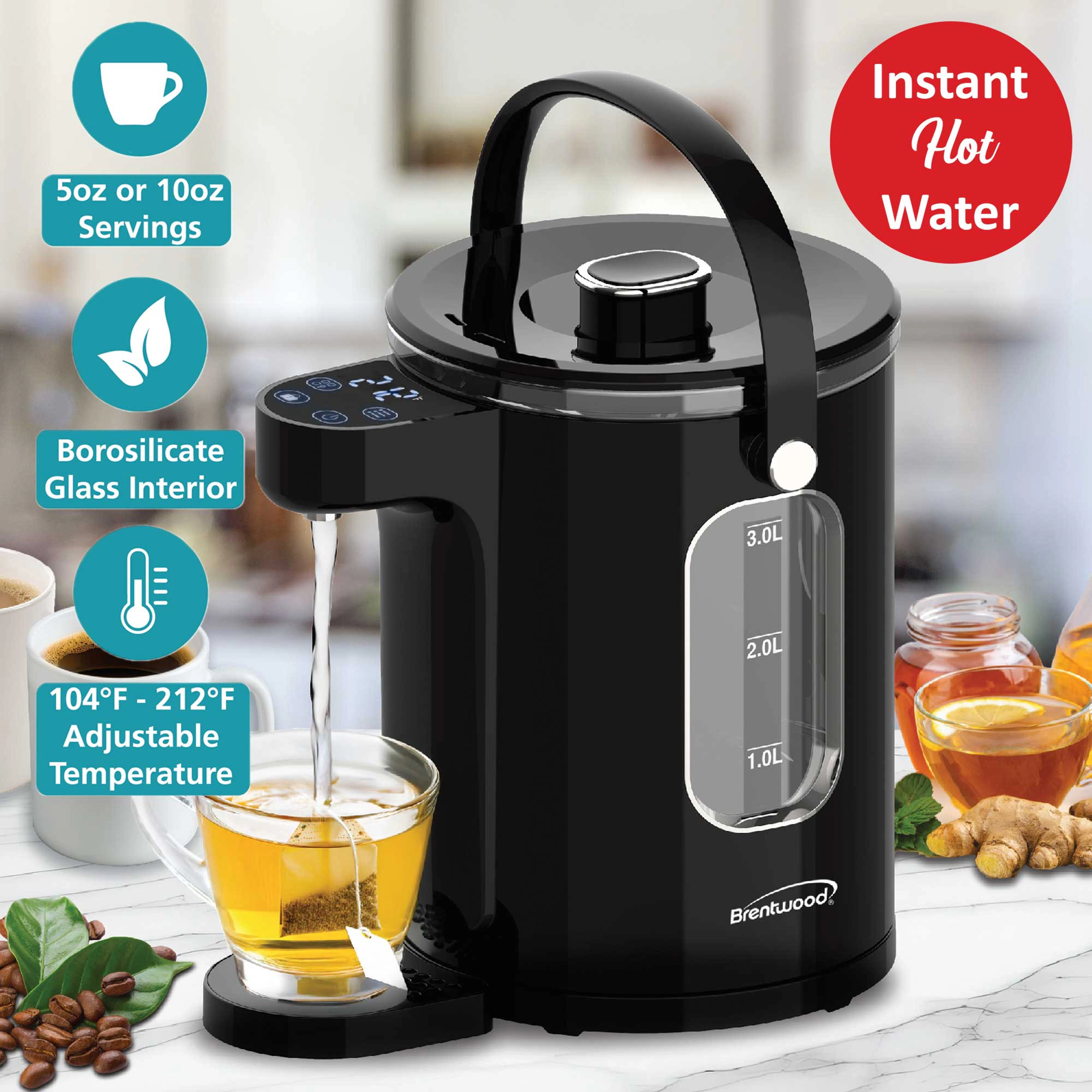 Brentwood 3 Liter 1100w Digital Glass Instant Hot Water Dispenser in Black with Tea Infuser