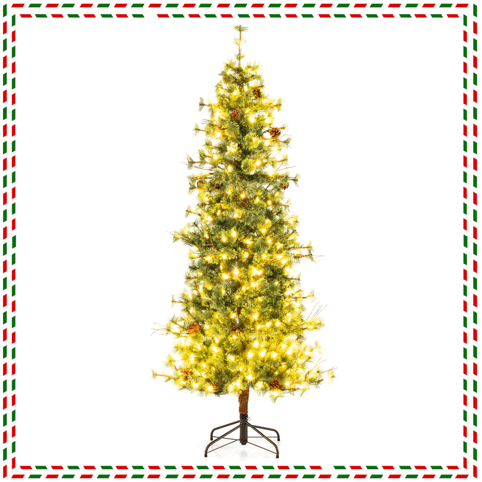 SUGIFT 7 ft Pre-Lit Christmas Tree with 502 Branch Tips 300 Warm White LEDs and 28 Pine Cones