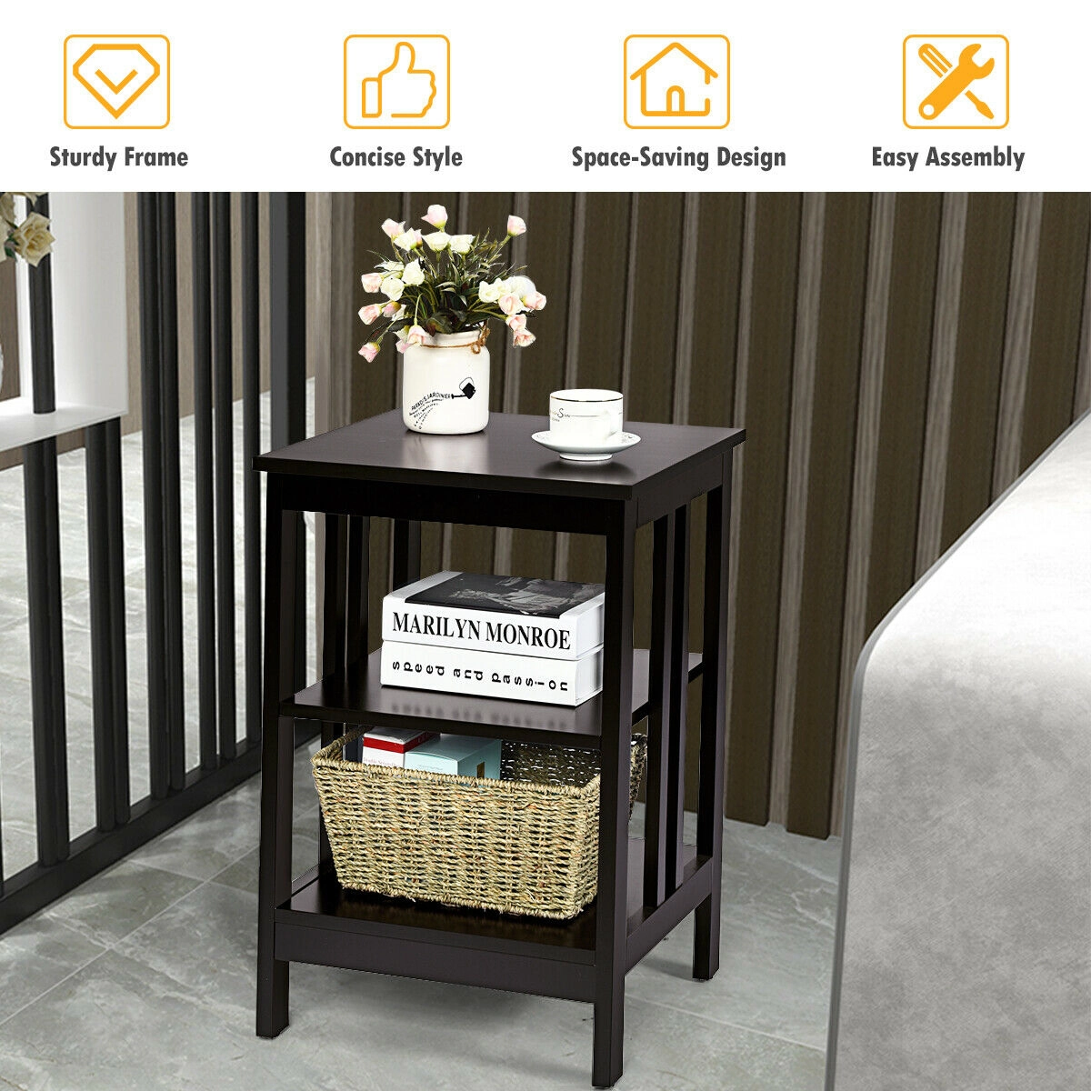 Glintex 3-Tier Side Table with Raised Shelf Baffles and Rounded Corners, Dark Brown