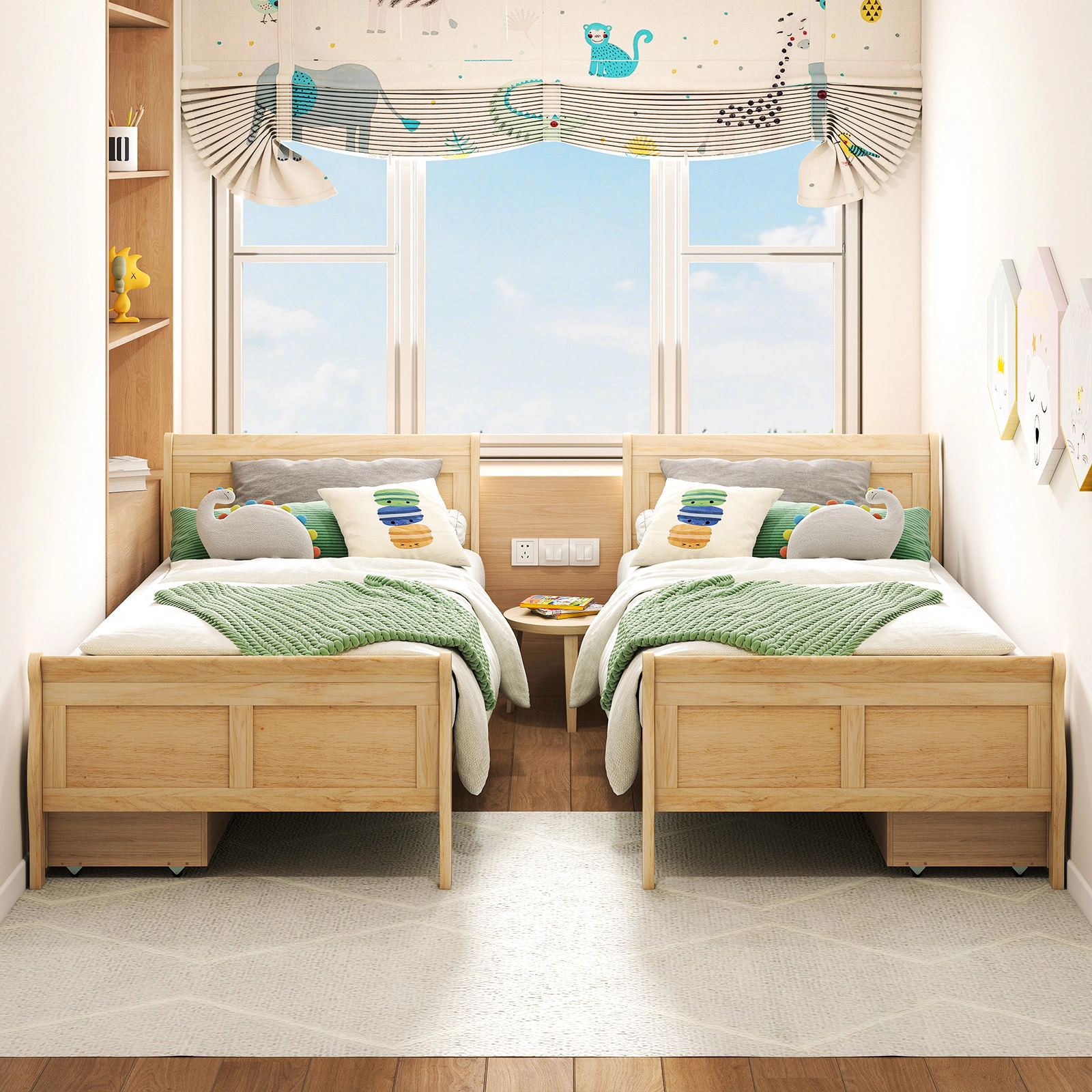 SUGIFT Twin Sleigh Platform Bed with 2 Storage Drawers, Natural Wood, 400-lb Capacity