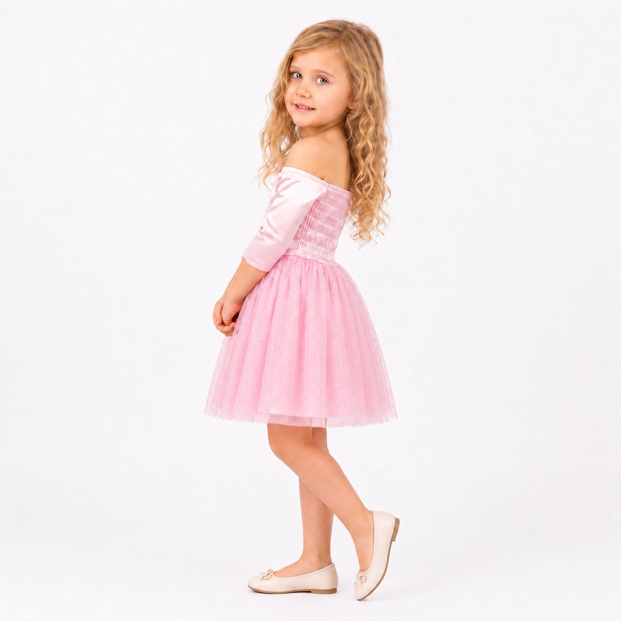 2Bunnies Baby & Toddler Girls 12M-4T Pink Off-Shoulder Glitter Tulle Dress with Smocked Back
